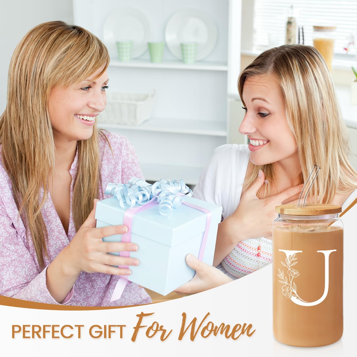 SANDJEST Monogrammed Gifts for Women - Monogram D Initial Glass Cup 16 Oz Can Coffee Cups with Lid and Straw - Monogram Initials Gifts for Womens on Birthday