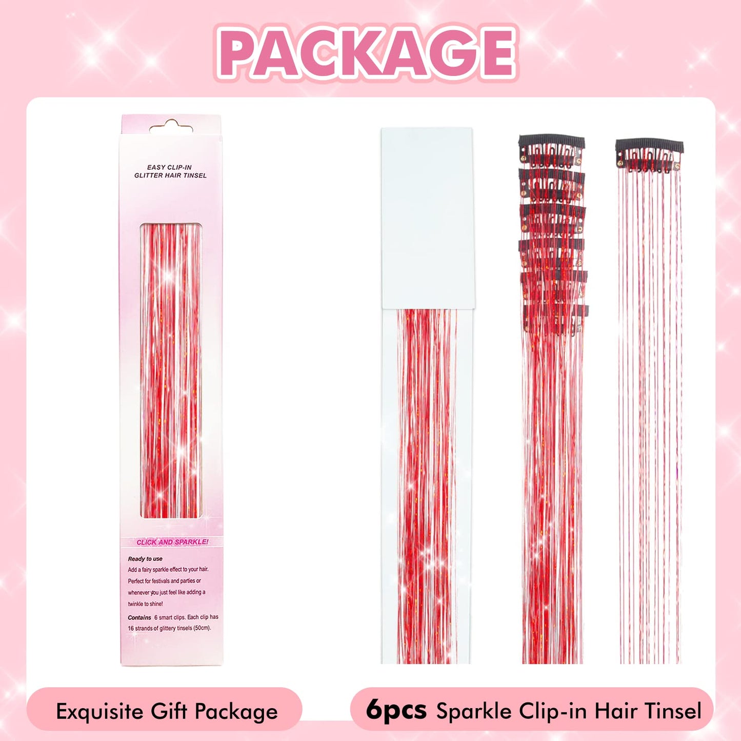 Clip in Hair Tinsel, POROLIR 6Pcs Glitter Fairy Tinsel Hair Extensions 20 Inch Shiny Hair Tinsel Heat Resistant, Sparkly Strands Hair Accessories, Festival Gift for Women Girls Kids (Silver)