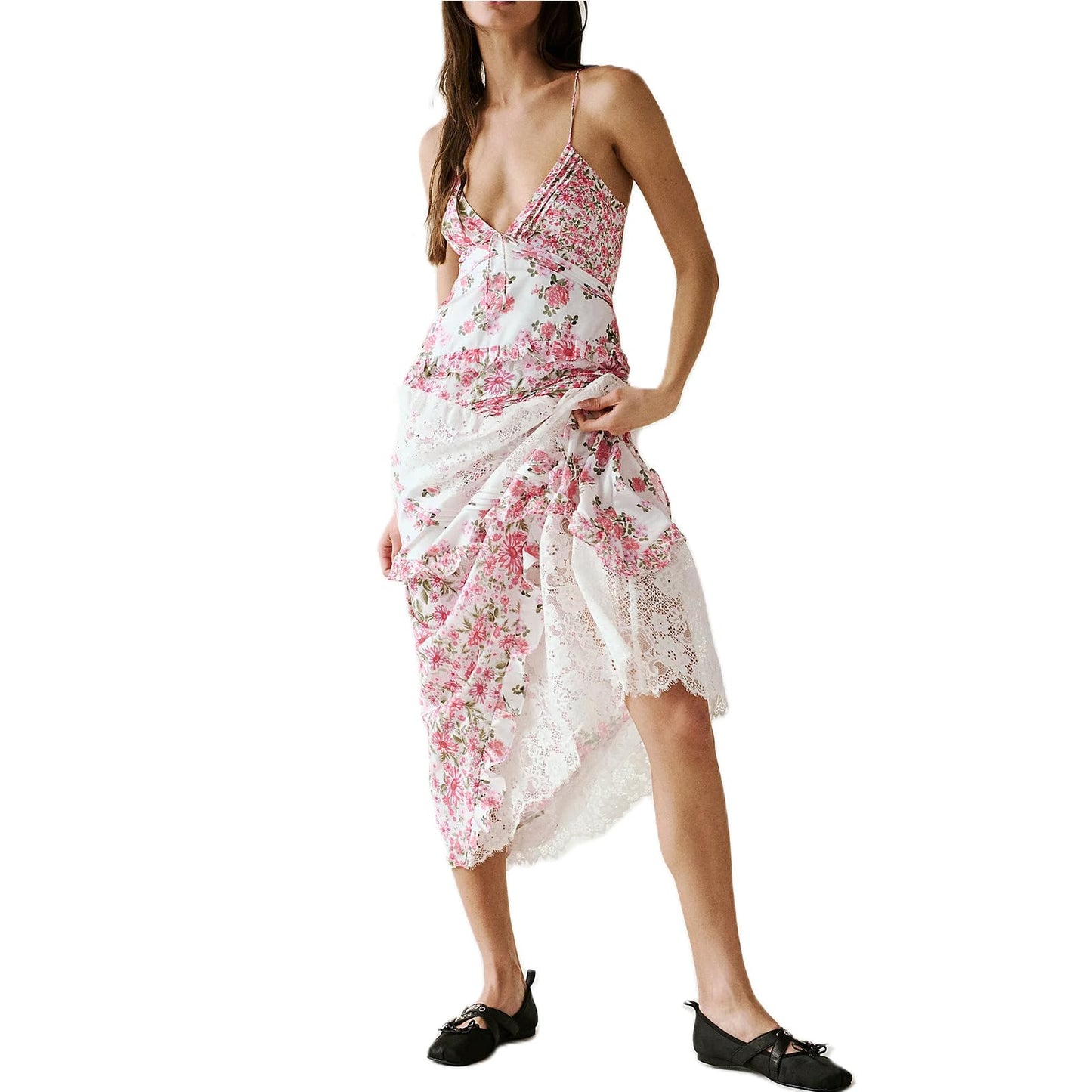 Women Summer Dresses Flowy Smocked Maxi Dress Sleeveless Tie Shoulder Boho Dresses Y2K Floral Beach Sundresses