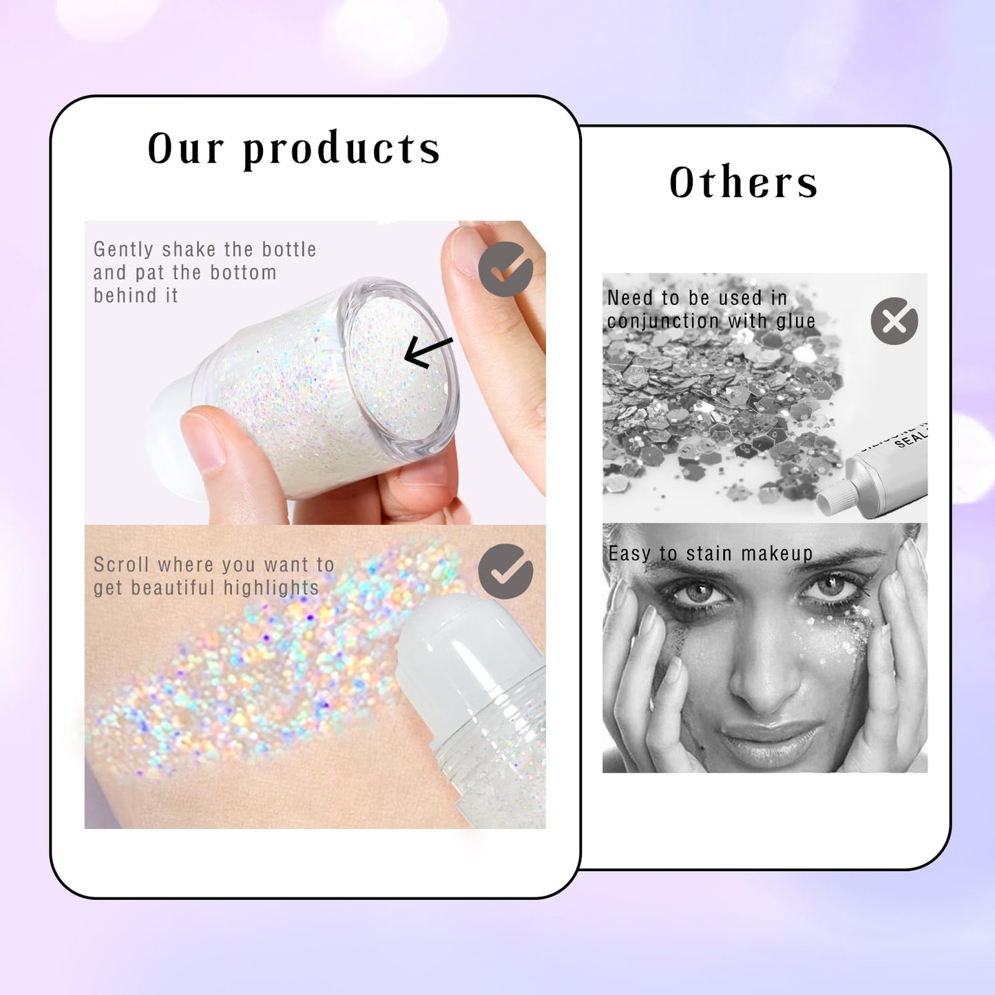 Roll-on Holographic Body Glitter Gel for Face Hair, Chameleon Color Changing Glitter Gel Under Light, Chunky Mermaid Sequins Festival Party Rave Accessories Shimmer Makeup (8# Sparkling Pink)