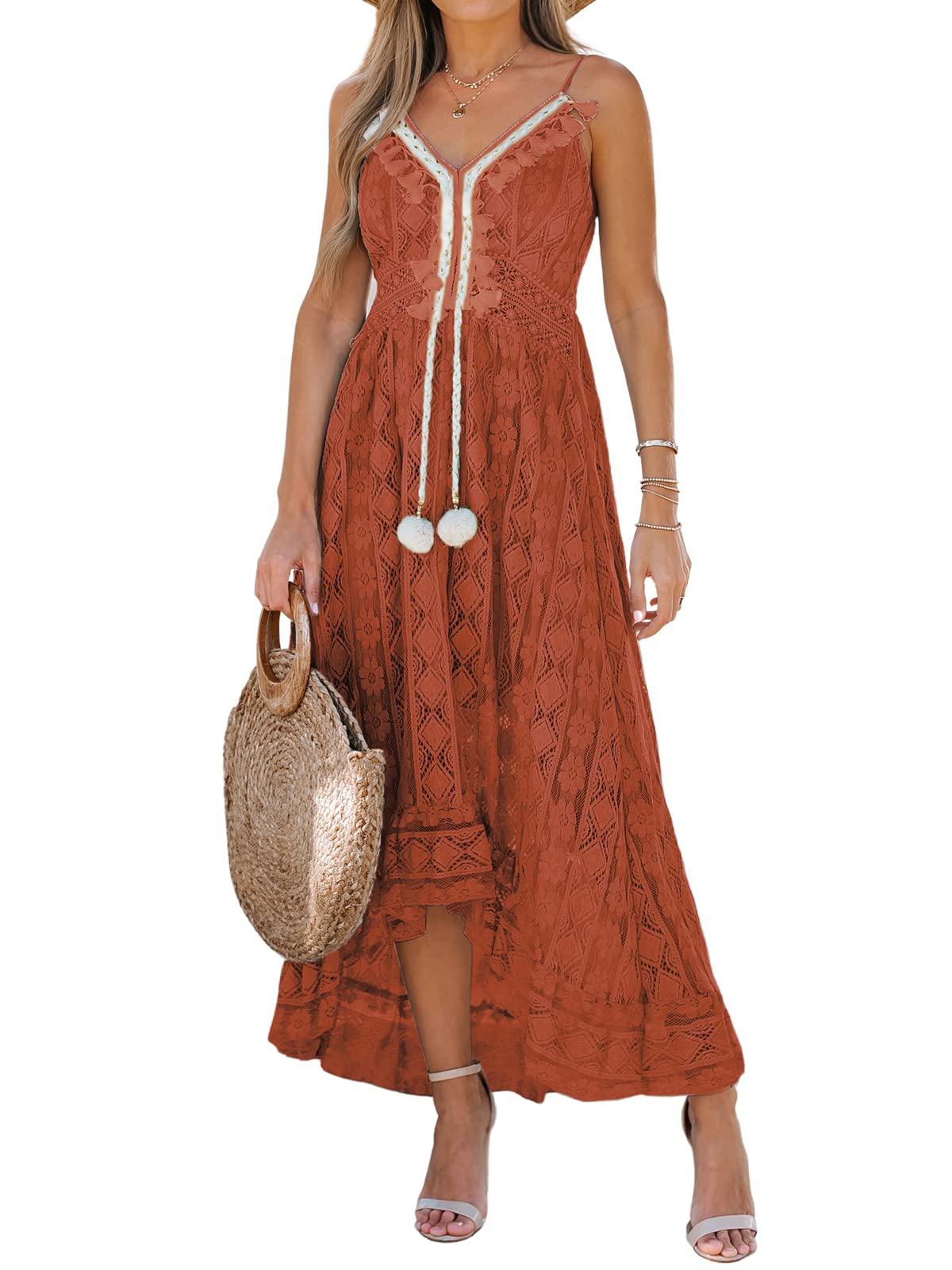 CUPSHE Women's Summer Dresses Sleeveless Lace Casual Tassel Beach Spaghetti Straps Flowy Maxi Sun Dress