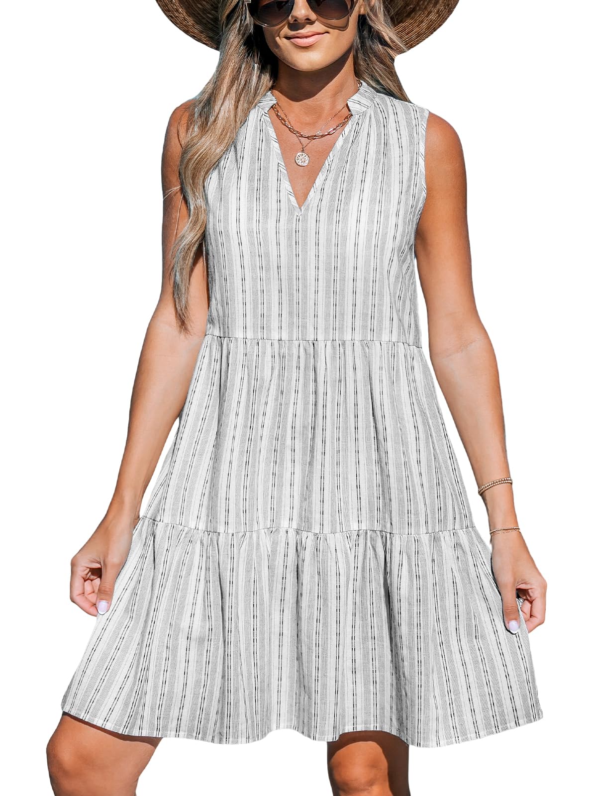 CUPSHE Women's Ruffle Beach Mini Dress Split V Neck A Line Sleeveless Geometric Stripe Tropical Leaf Pattern Summer Dresses