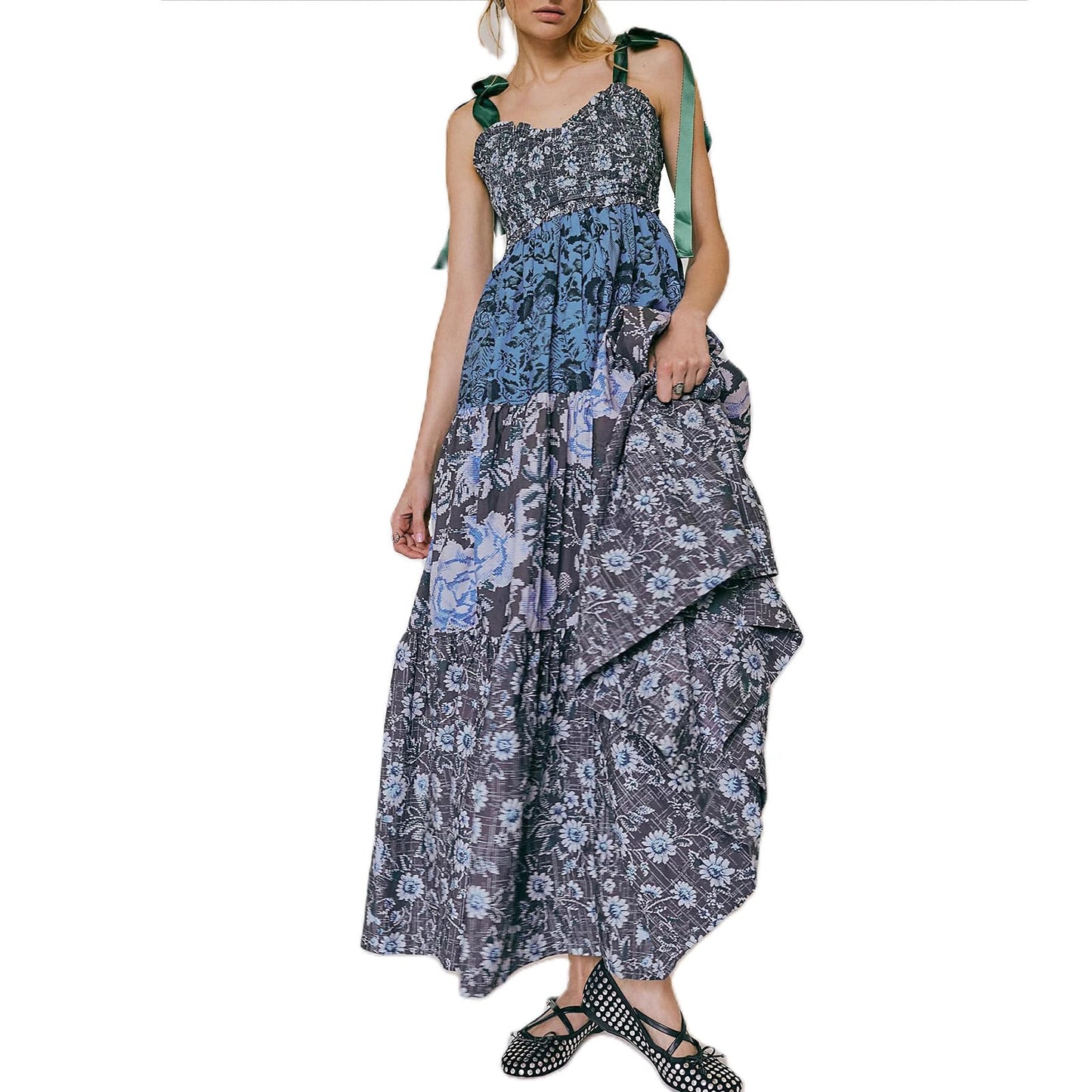 Women Summer Dresses Flowy Smocked Maxi Dress Sleeveless Tie Shoulder Boho Dresses Y2K Floral Beach Sundresses