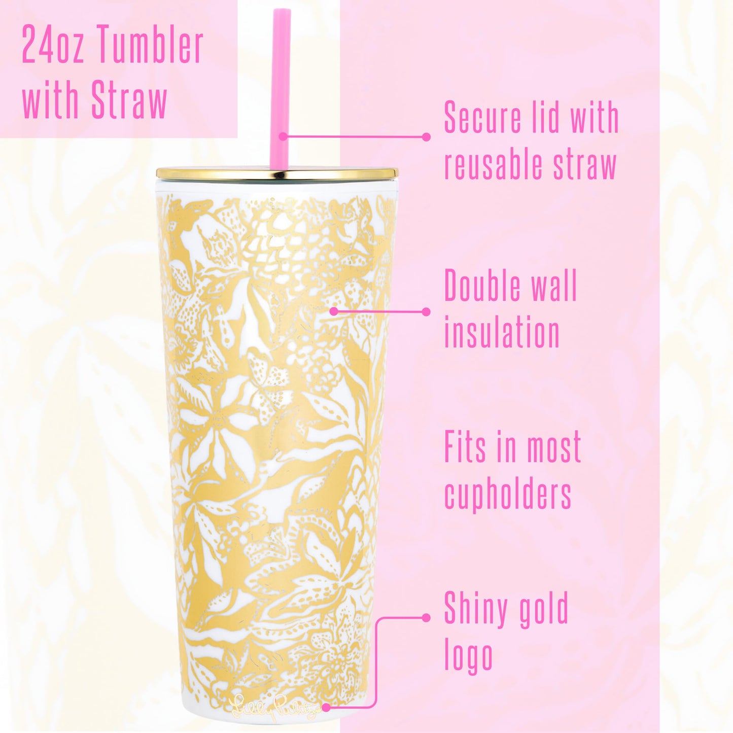 Lilly Pulitzer Double Wall Tumbler with Lid and Reusable Straw, Insulated Travel Cup Holds 24 Ounces, Soleil It On Me