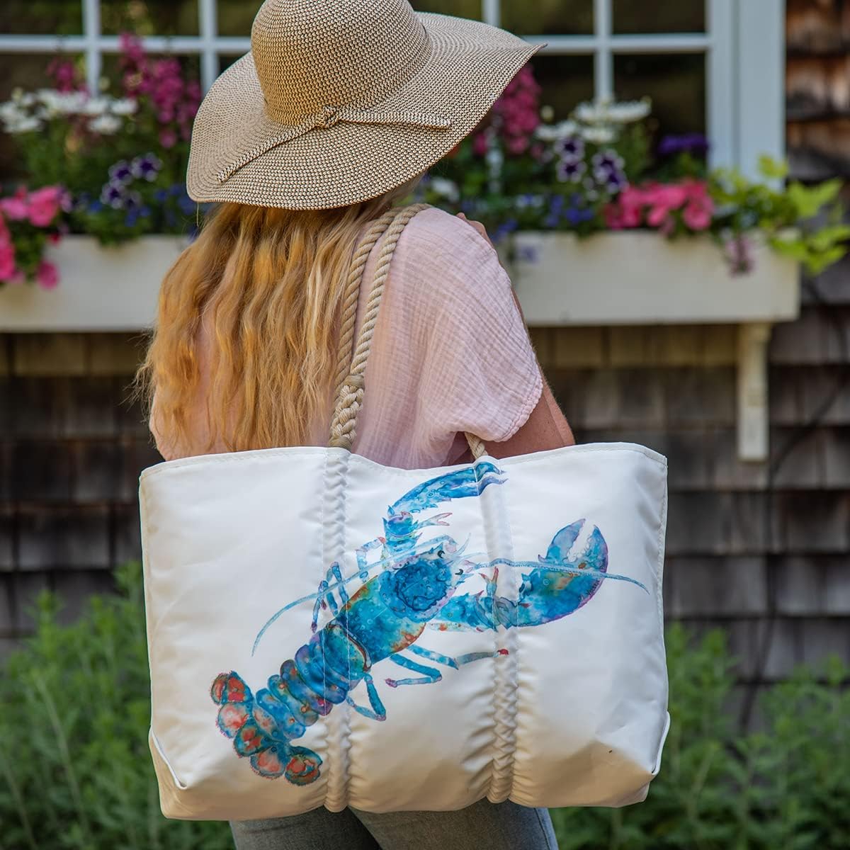 Sea Bags Recycled Sail Cloth Multicolor Lobster Large Tote Bag Beach Bag Tote, Large Travel Bag, Tote Bag for Work Rope Handles
