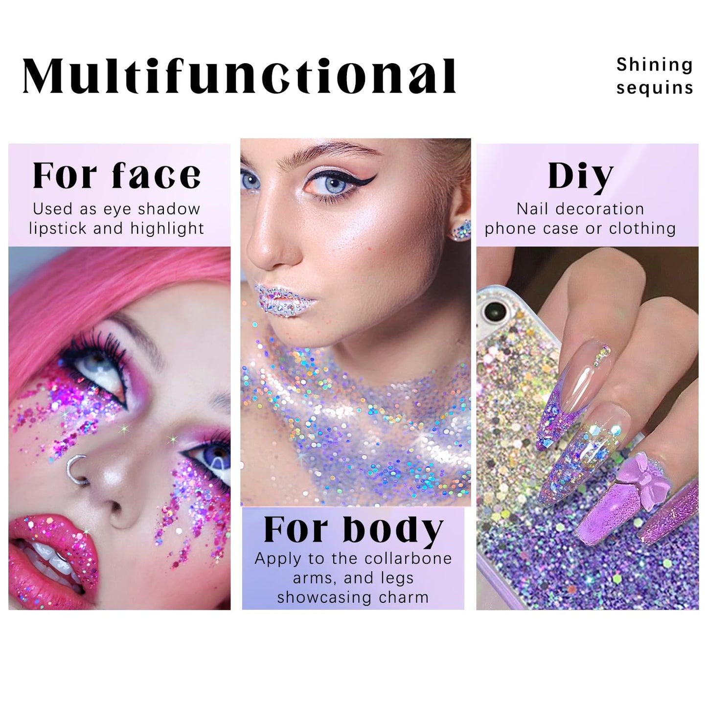 Roll-on Holographic Body Glitter Gel for Face Hair, Chameleon Color Changing Glitter Gel Under Light, Chunky Mermaid Sequins Festival Party Rave Accessories Shimmer Makeup (8# Sparkling Pink)