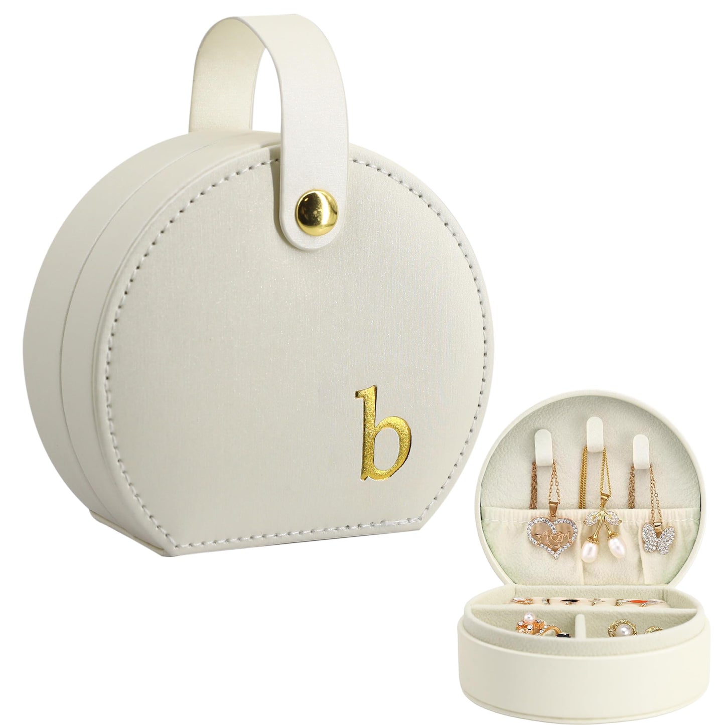 COLLECTIVE HOME - Travel Jewelry Case, Elegant Half-Moon Design with Gold Monogram, Detachable Handle, Personalized Accessory Organizer, Gift for Fashion-Forward Women and Teens (s)