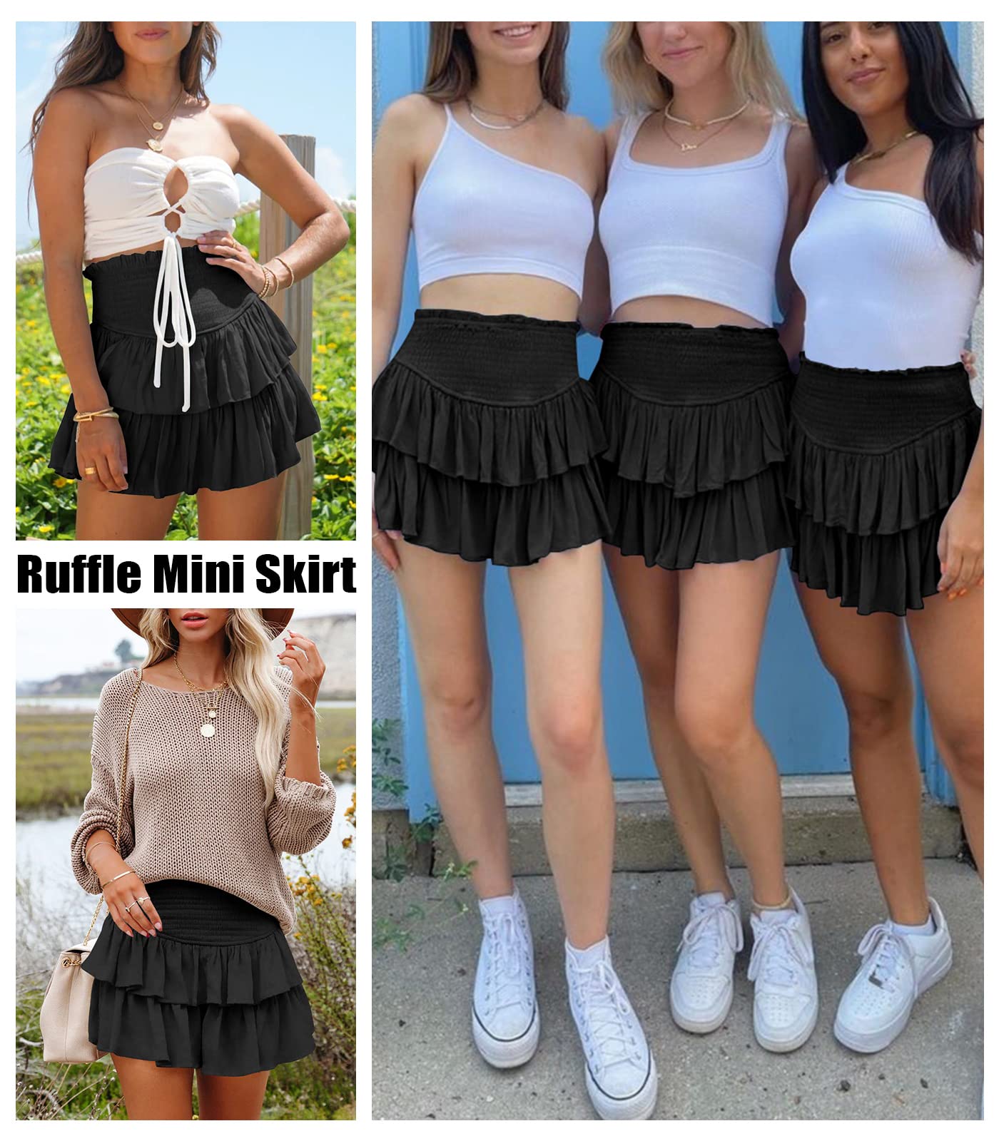 Women's Cute High Waist Ruffle Mini Skirt Layered Ruffle Hem Flared Flowy Casual Swing Beach Mini Short Skirt