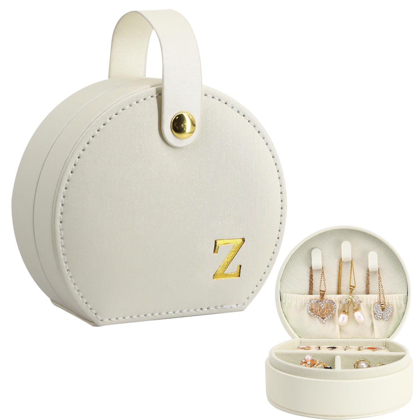 COLLECTIVE HOME - Travel Jewelry Case, Elegant Half-Moon Design with Gold Monogram, Detachable Handle, Personalized Accessory Organizer, Gift for Fashion-Forward Women and Teens (s)