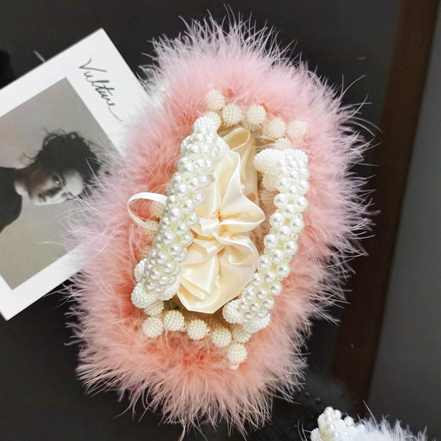 Women Pearl Purse,Evening Bags, Artificial Pearl Clutch, Square Pink Feather Handbags, White Purse for Party Wedding Travel