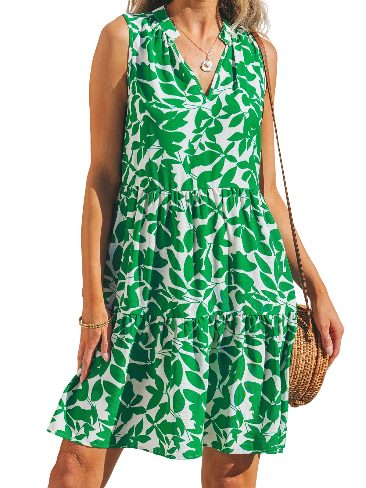 CUPSHE Women's Ruffle Beach Mini Dress Split V Neck A Line Sleeveless Geometric Stripe Tropical Leaf Pattern Summer Dresses