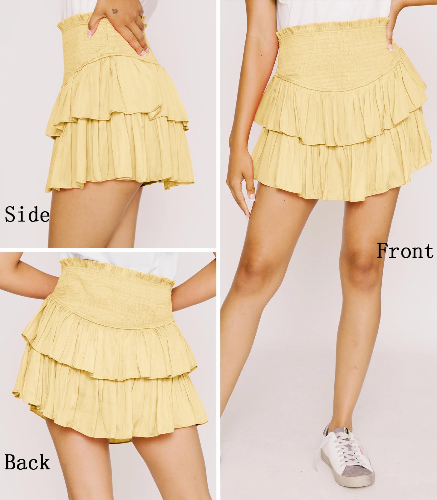 Women's Cute High Waist Ruffle Mini Skirt Layered Ruffle Hem Flared Flowy Casual Swing Beach Mini Short Skirt