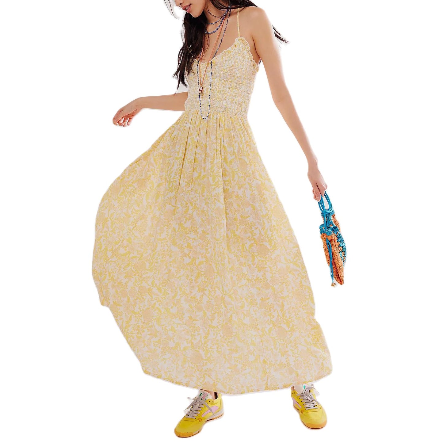 Women Summer Dresses Flowy Smocked Maxi Dress Sleeveless Tie Shoulder Boho Dresses Y2K Floral Beach Sundresses