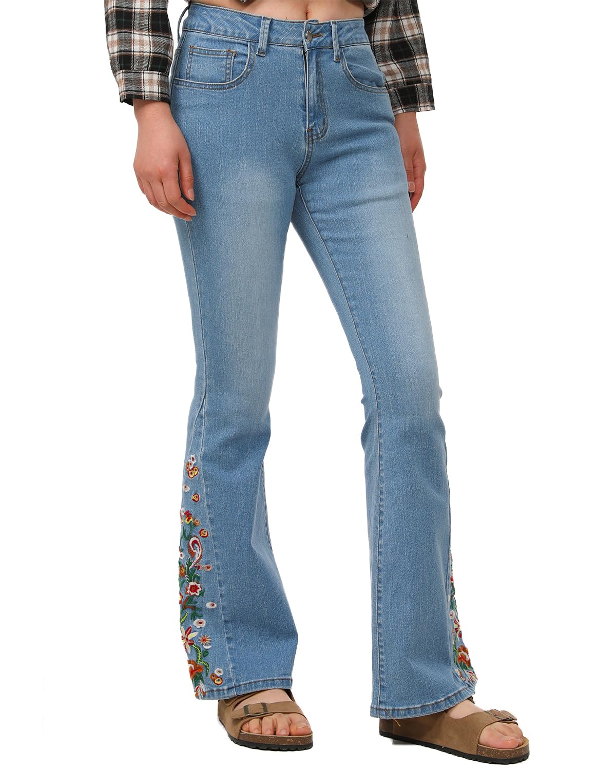 Lisskolo Bell Bottom Jeans for Women Flared Floral Embroidered Jean Wide Leg Denim Pants