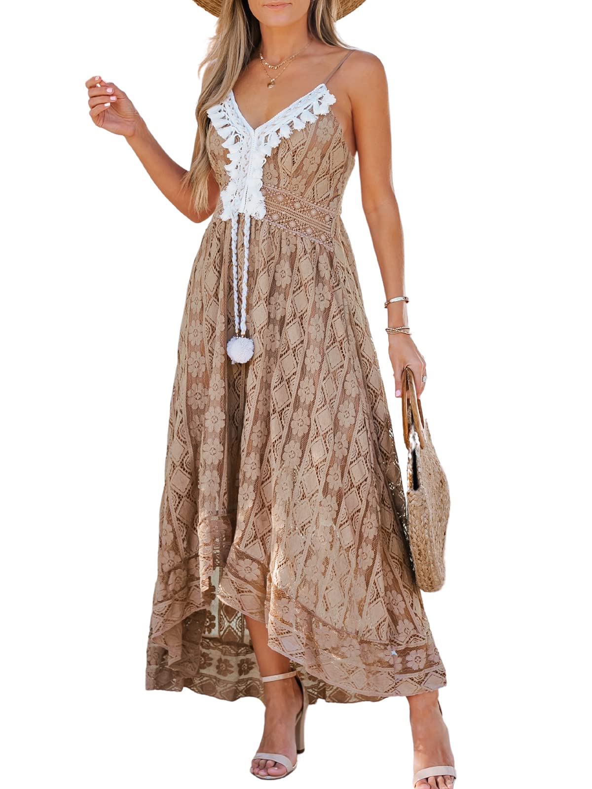 CUPSHE Women's Summer Dresses Sleeveless Lace Casual Tassel Beach Spaghetti Straps Flowy Maxi Sun Dress