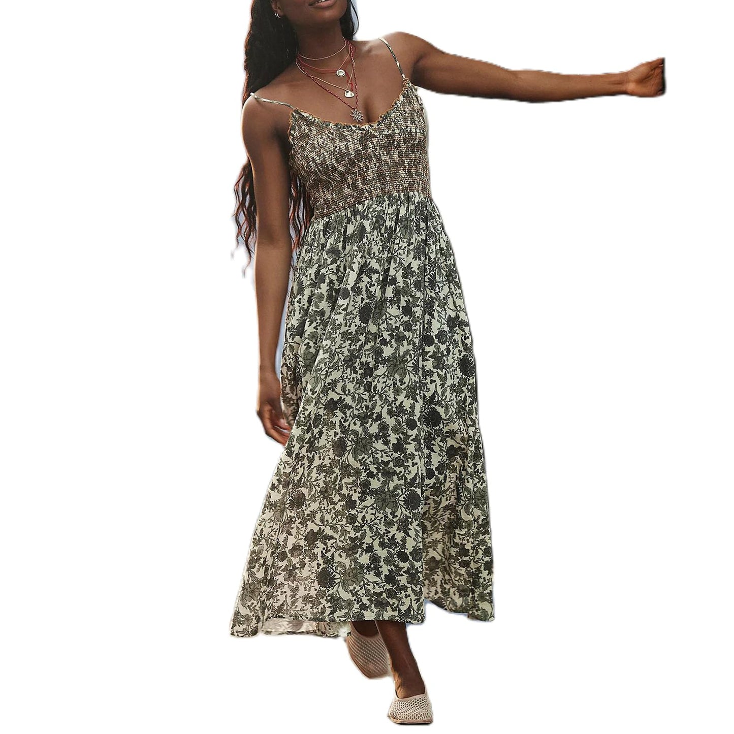 Women Summer Dresses Flowy Smocked Maxi Dress Sleeveless Tie Shoulder Boho Dresses Y2K Floral Beach Sundresses