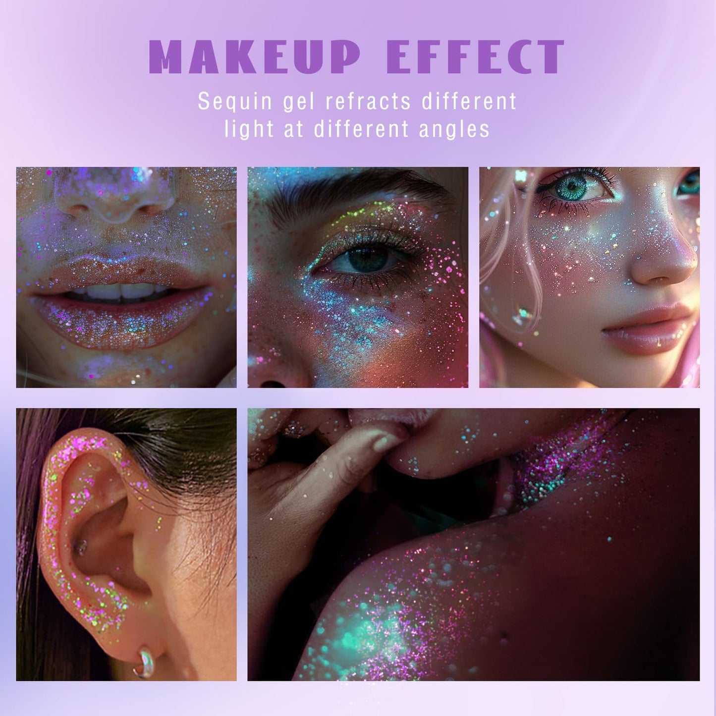 Roll-on Holographic Body Glitter Gel for Face Hair, Chameleon Color Changing Glitter Gel Under Light, Chunky Mermaid Sequins Festival Party Rave Accessories Shimmer Makeup (8# Sparkling Pink)