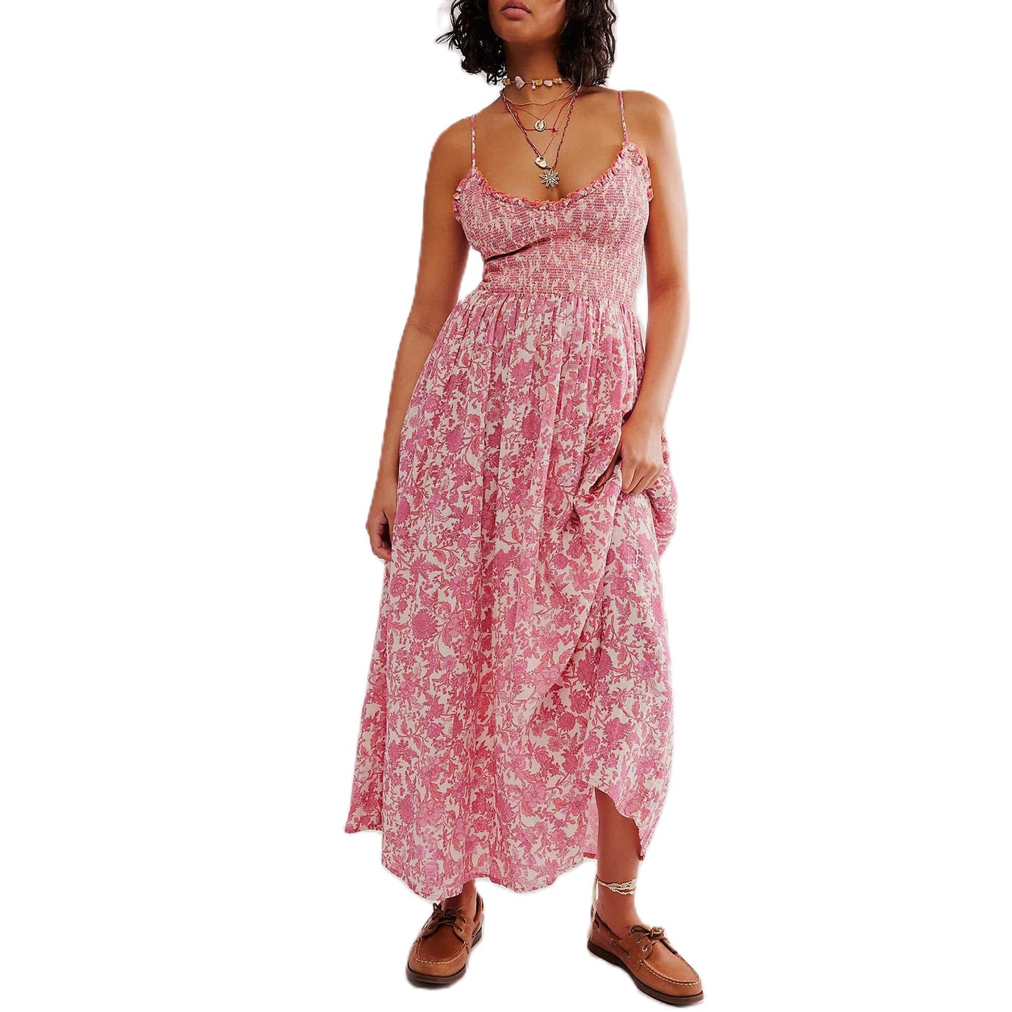 Women Summer Dresses Flowy Smocked Maxi Dress Sleeveless Tie Shoulder Boho Dresses Y2K Floral Beach Sundresses