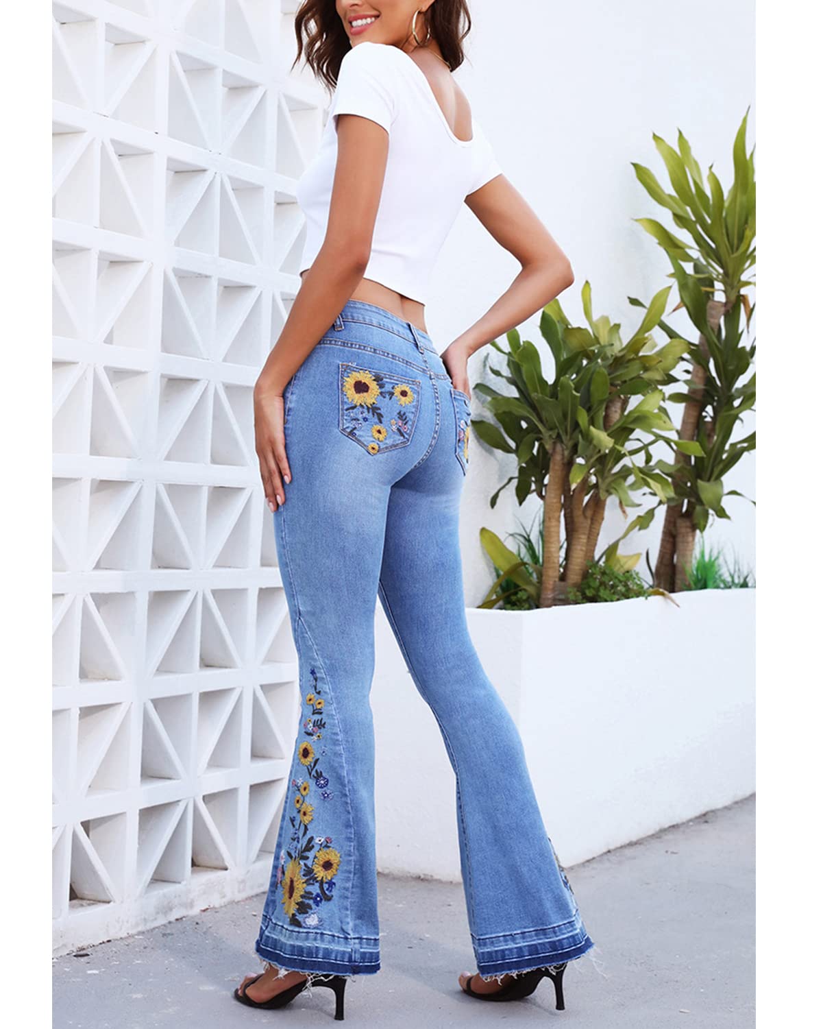 Lisskolo Bell Bottom Jeans for Women Flared Floral Embroidered Jean Wide Leg Denim Pants