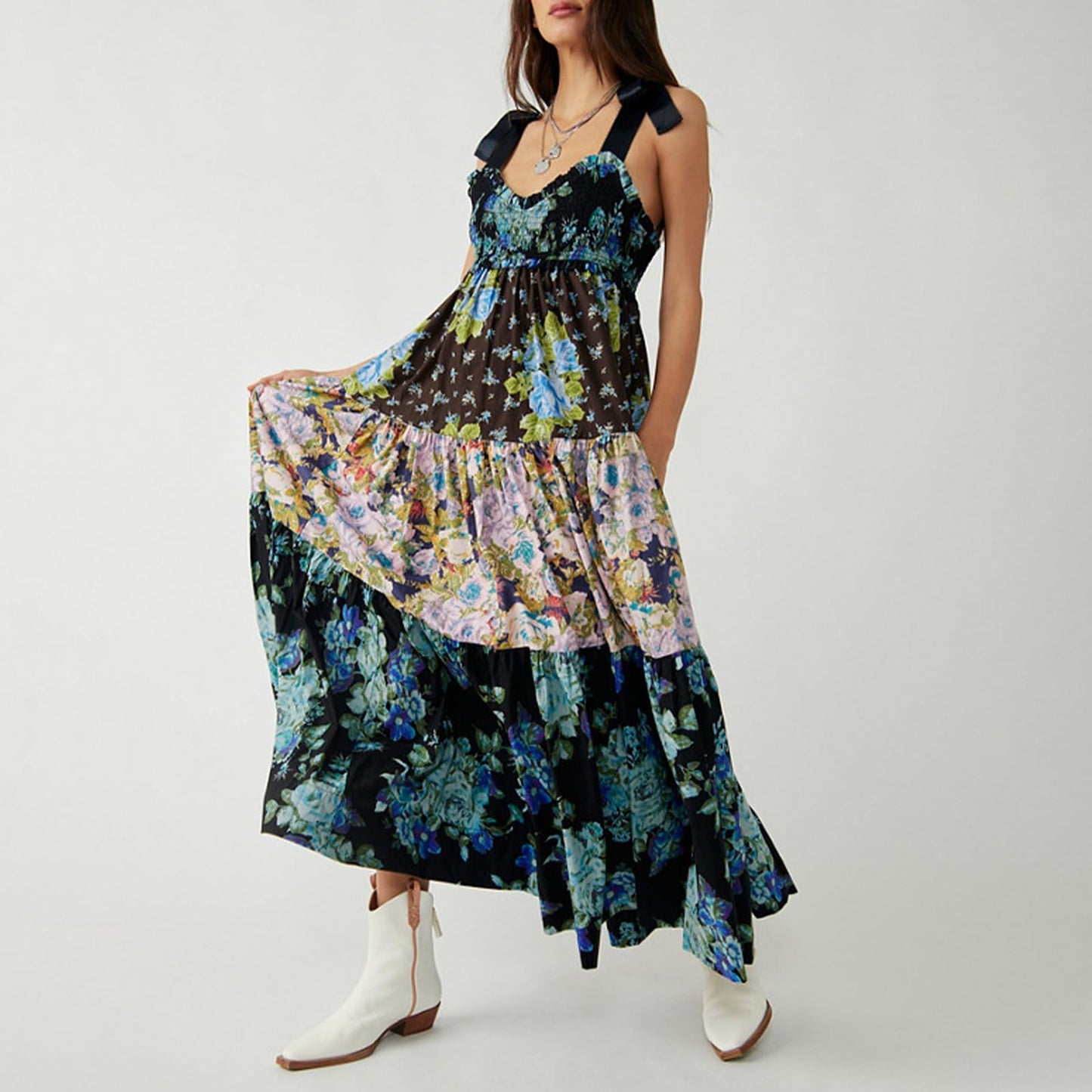 Women Summer Dresses Flowy Smocked Maxi Dress Sleeveless Tie Shoulder Boho Dresses Y2K Floral Beach Sundresses