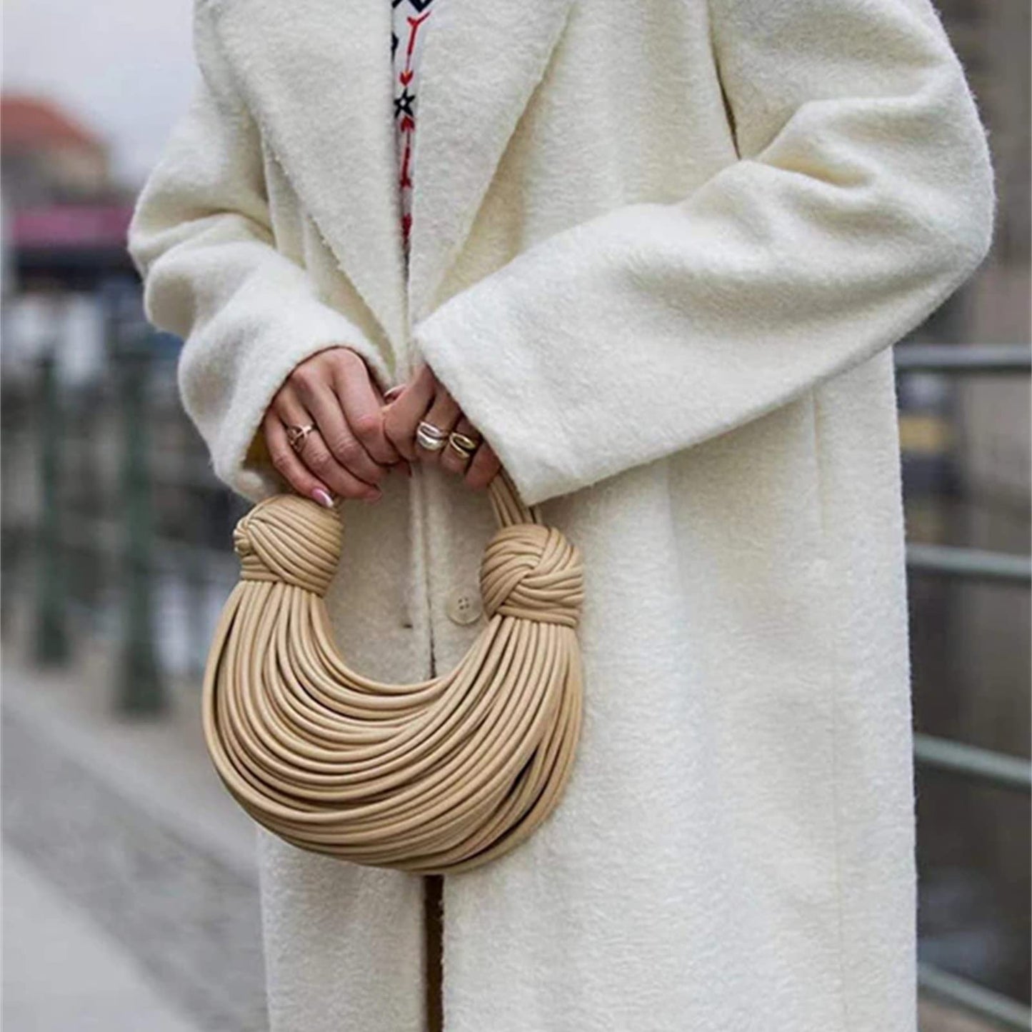 Woven Crossbody Bag for Women, Small Leather Clutch Purse Knotted Bread Handbag Top Handle Noodles Shoulder Bag.