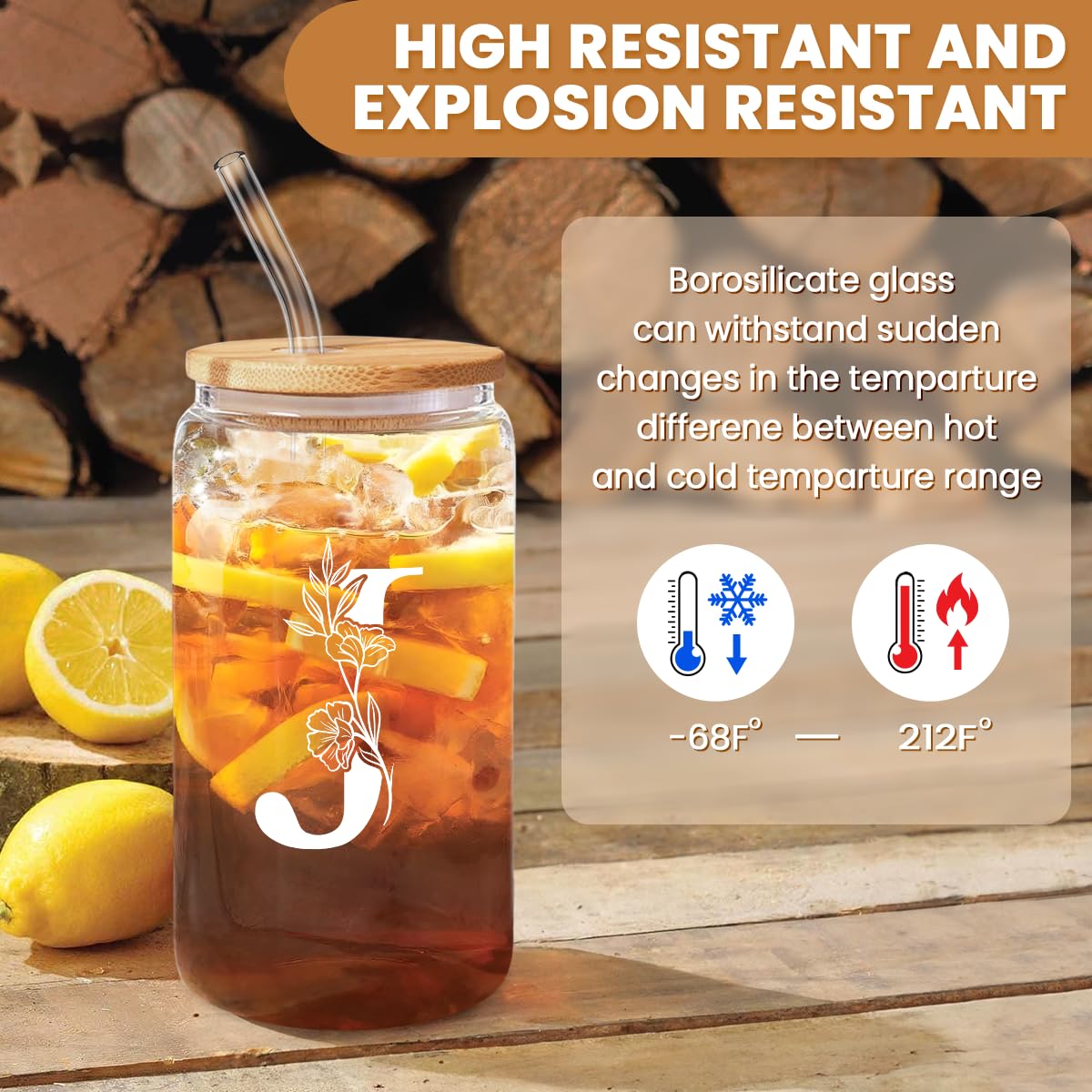 SANDJEST Monogrammed Gifts for Women - Monogram D Initial Glass Cup 16 Oz Can Coffee Cups with Lid and Straw - Monogram Initials Gifts for Womens on Birthday