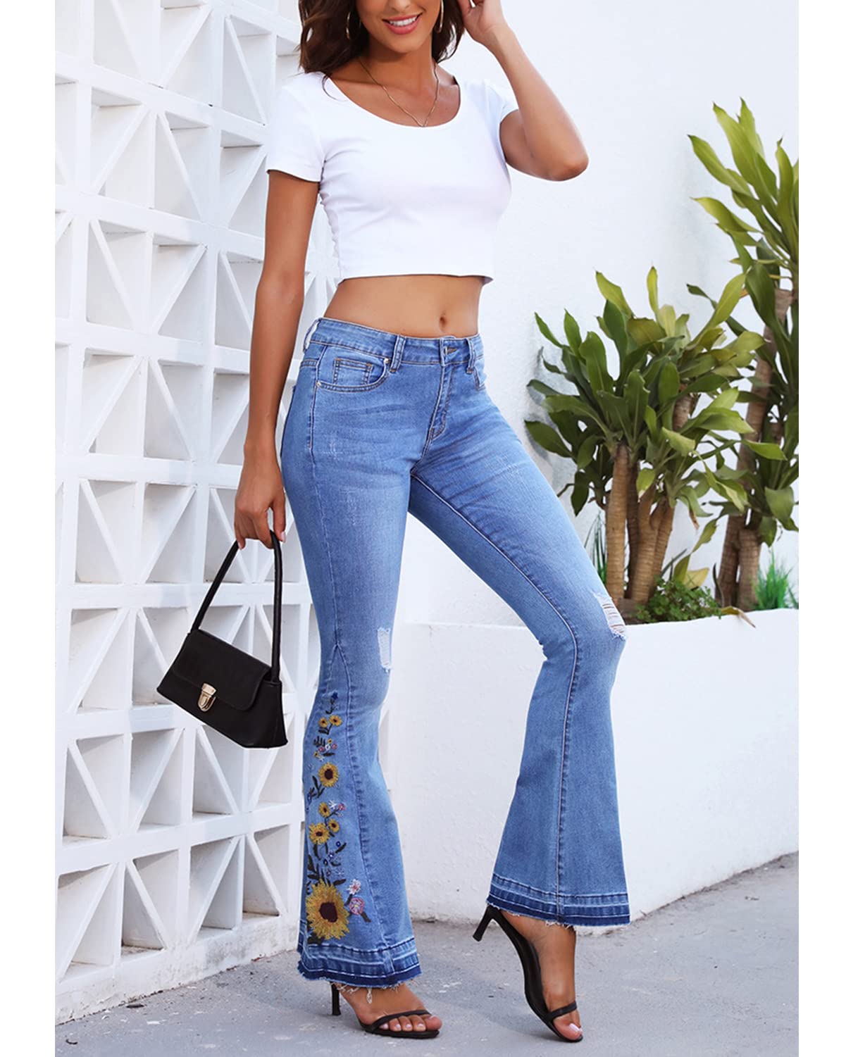 Lisskolo Bell Bottom Jeans for Women Flared Floral Embroidered Jean Wide Leg Denim Pants