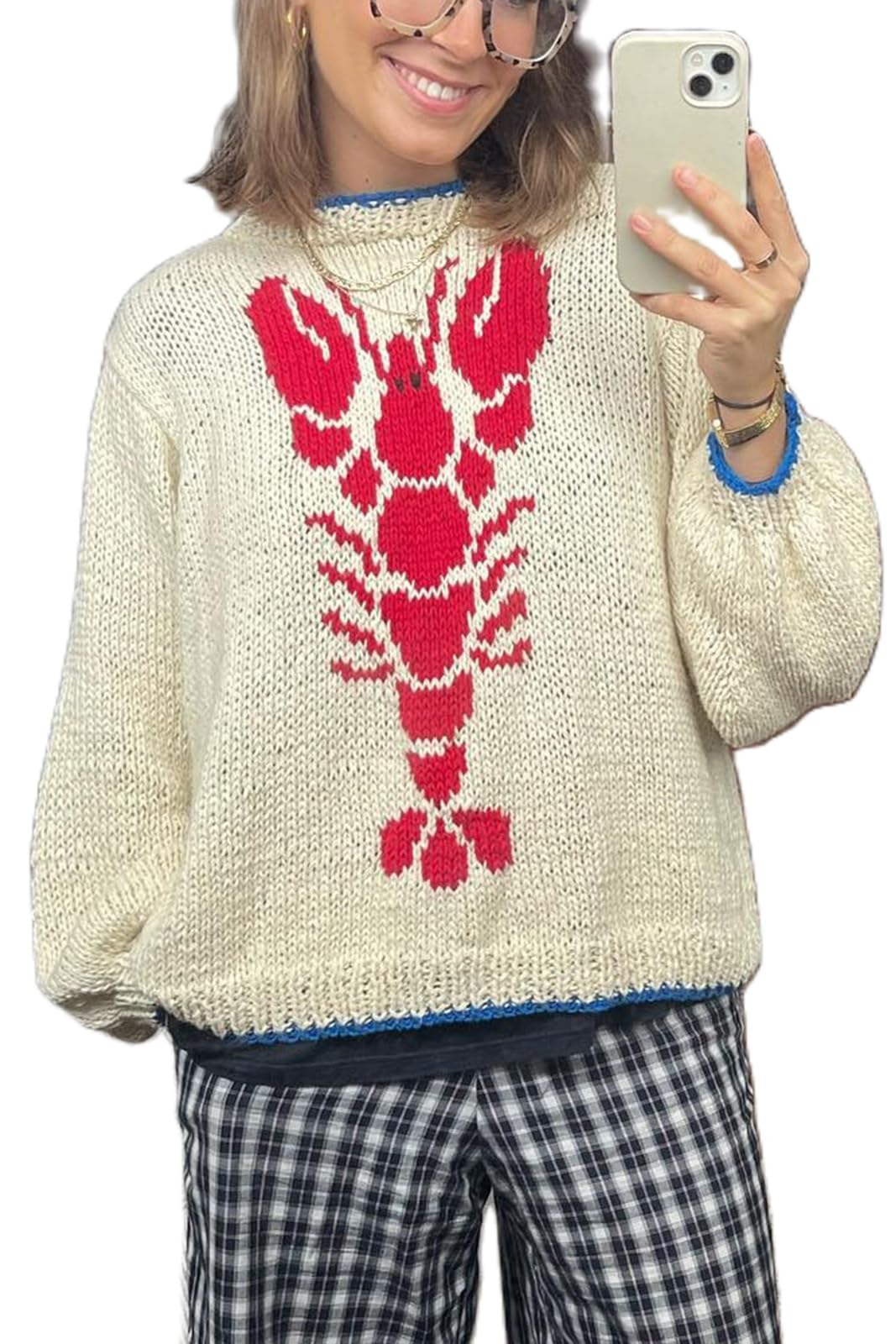 Women Lobster Knit Sweater Cardigan Y2k Long Sleeve Graphic Knitted Cardigans Goth Vintage Knitwear Fall Winter