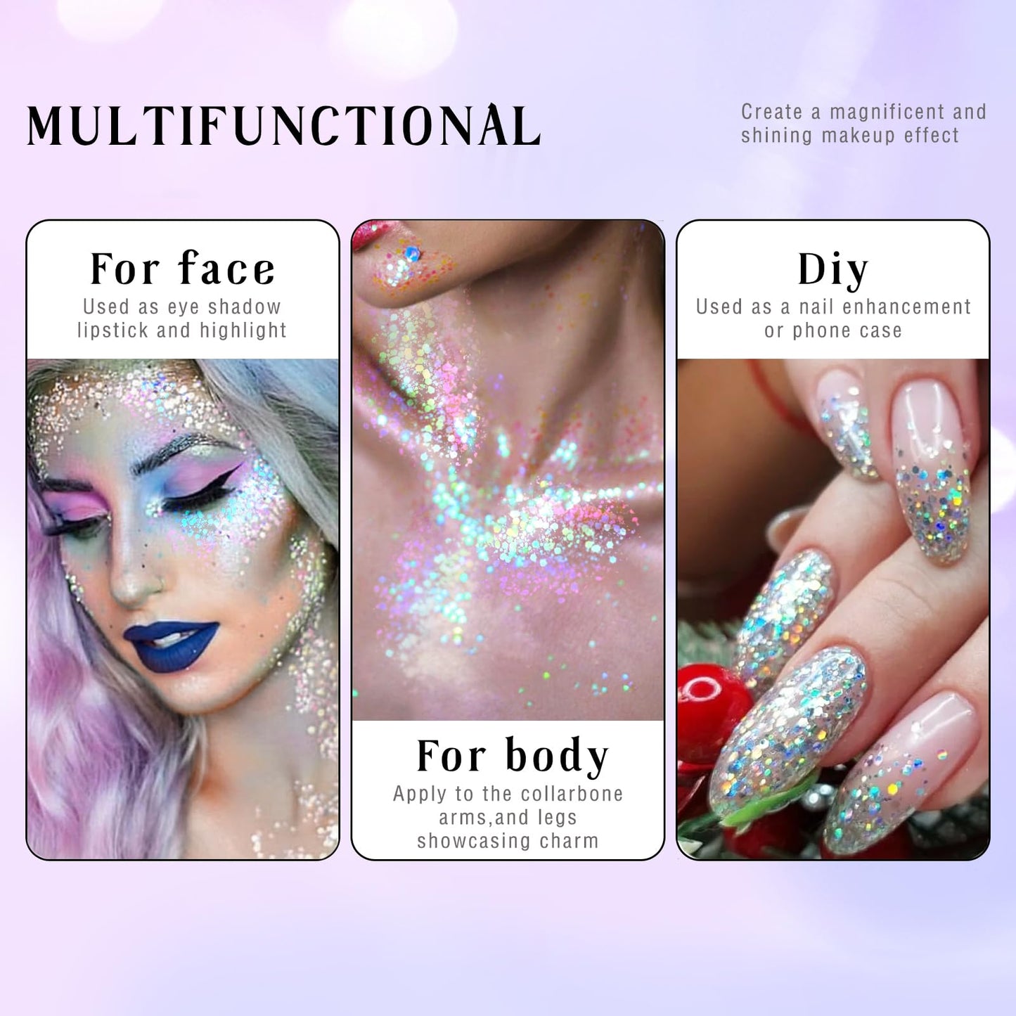 Roll-on Holographic Body Glitter Gel for Face Hair, Chameleon Color Changing Glitter Gel Under Light, Chunky Mermaid Sequins Festival Party Rave Accessories Shimmer Makeup (8# Sparkling Pink)