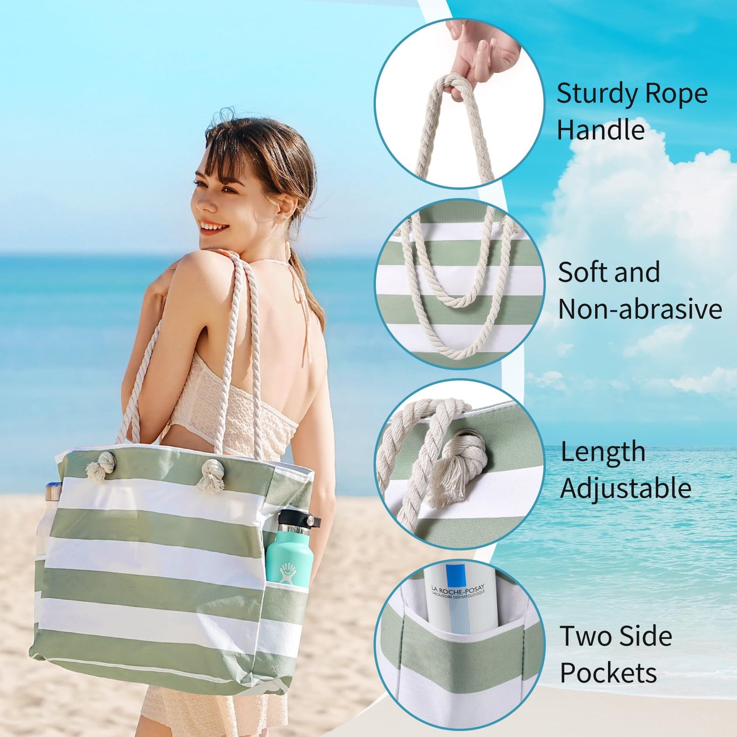 Beach Bags for Women - Large Beach Tote Bag, Women Sandproof Pool Bag for Pool Gym Grocery Travel