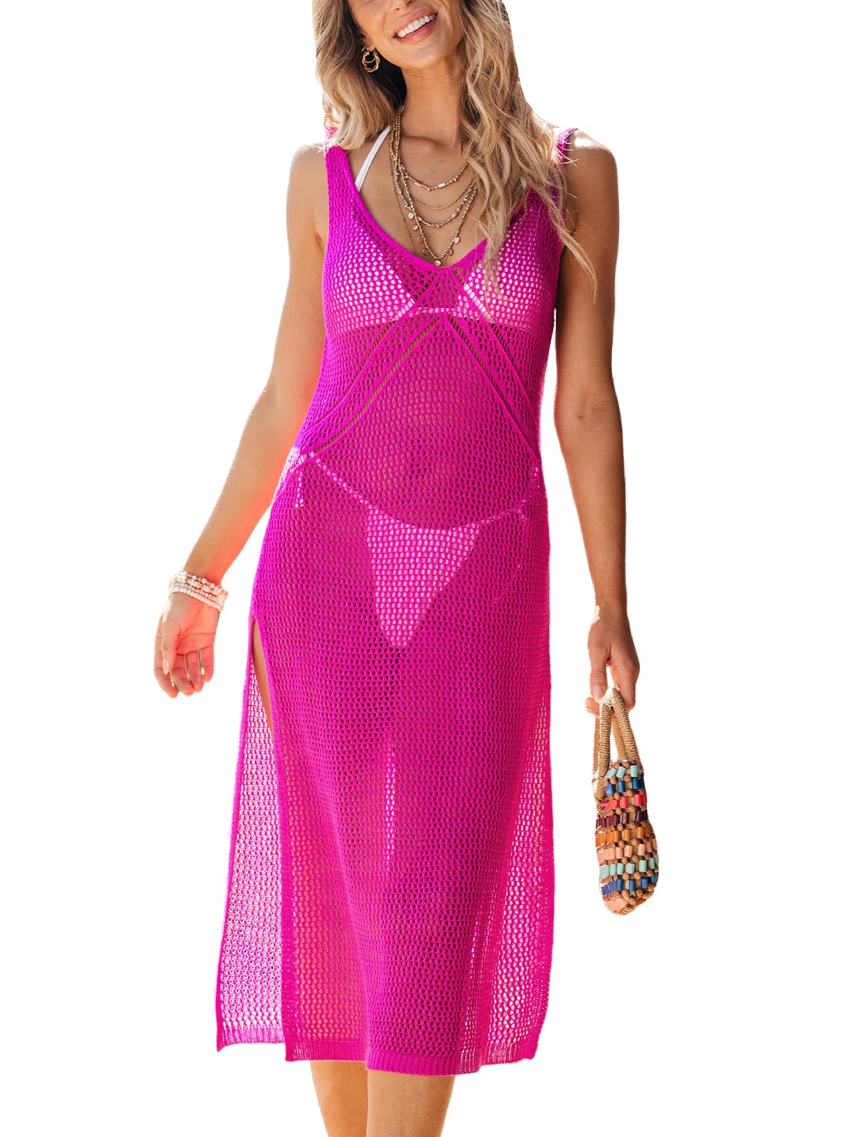 CUPSHE Women Crochet Swimsuit Cover Up Sleeveless Hollow Out Long Swimwear Coverup 2025 Split Mesh Beach Dress