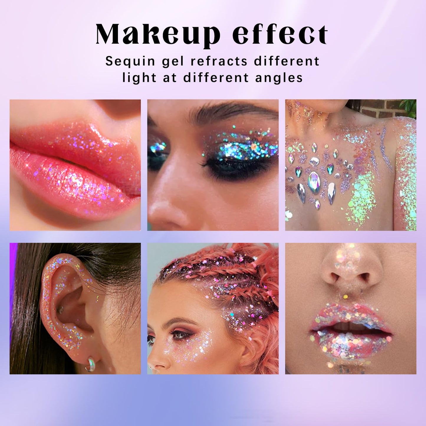 Roll-on Holographic Body Glitter Gel for Face Hair, Chameleon Color Changing Glitter Gel Under Light, Chunky Mermaid Sequins Festival Party Rave Accessories Shimmer Makeup (8# Sparkling Pink)