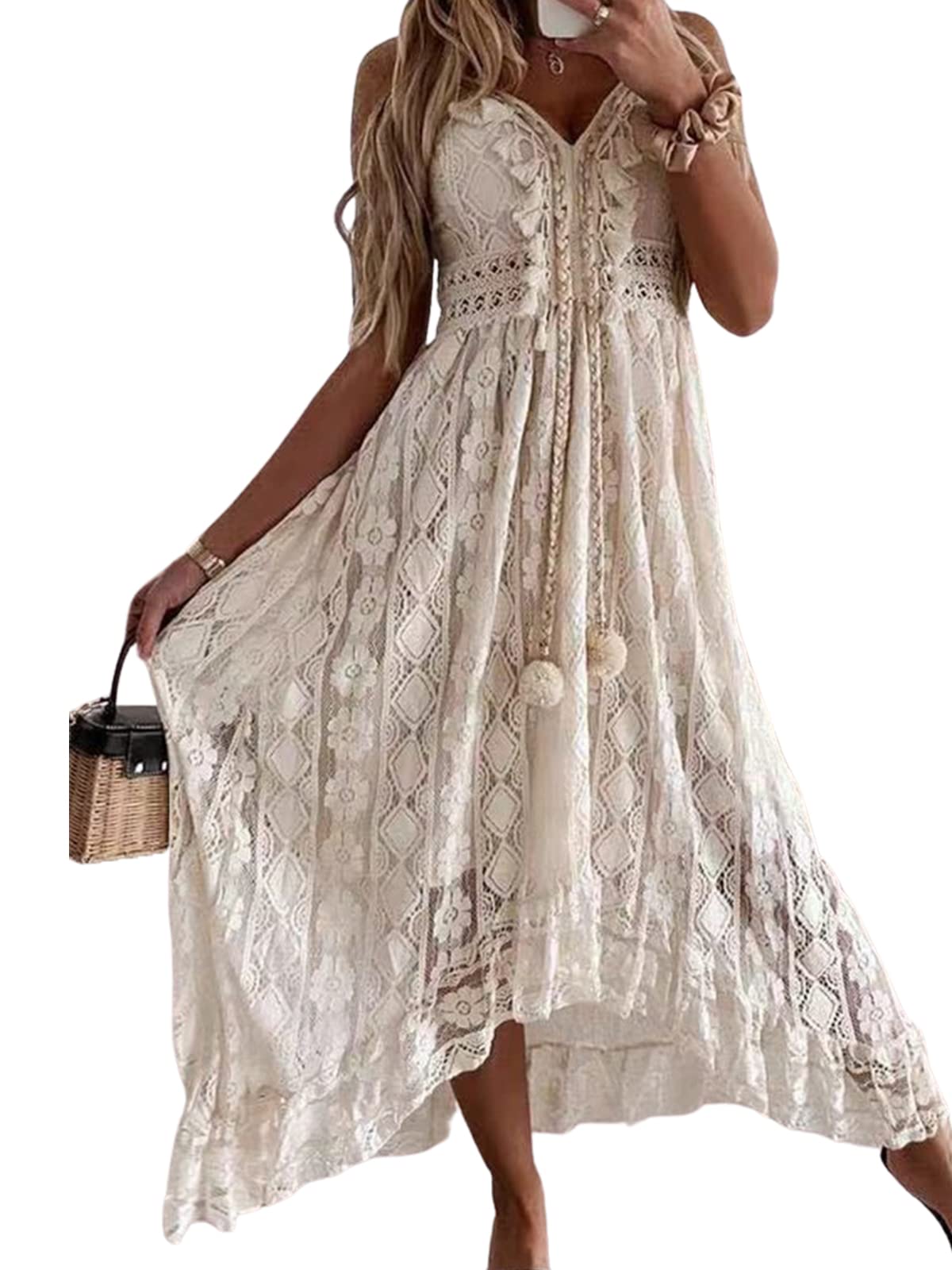 CUPSHE Women's Summer Dresses Sleeveless Lace Casual Tassel Beach Spaghetti Straps Flowy Maxi Sun Dress