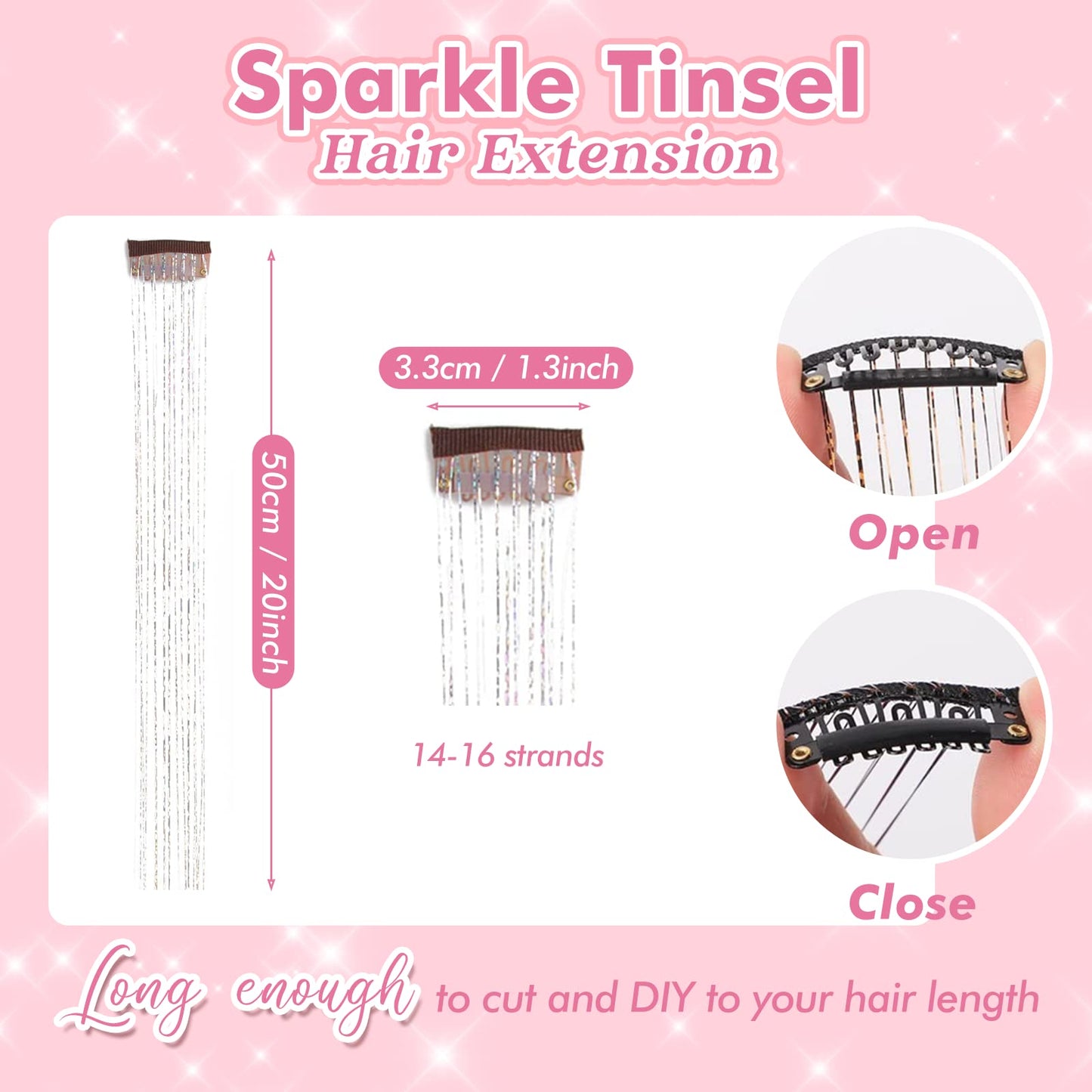 Clip in Hair Tinsel, POROLIR 6Pcs Glitter Fairy Tinsel Hair Extensions 20 Inch Shiny Hair Tinsel Heat Resistant, Sparkly Strands Hair Accessories, Festival Gift for Women Girls Kids (Silver)