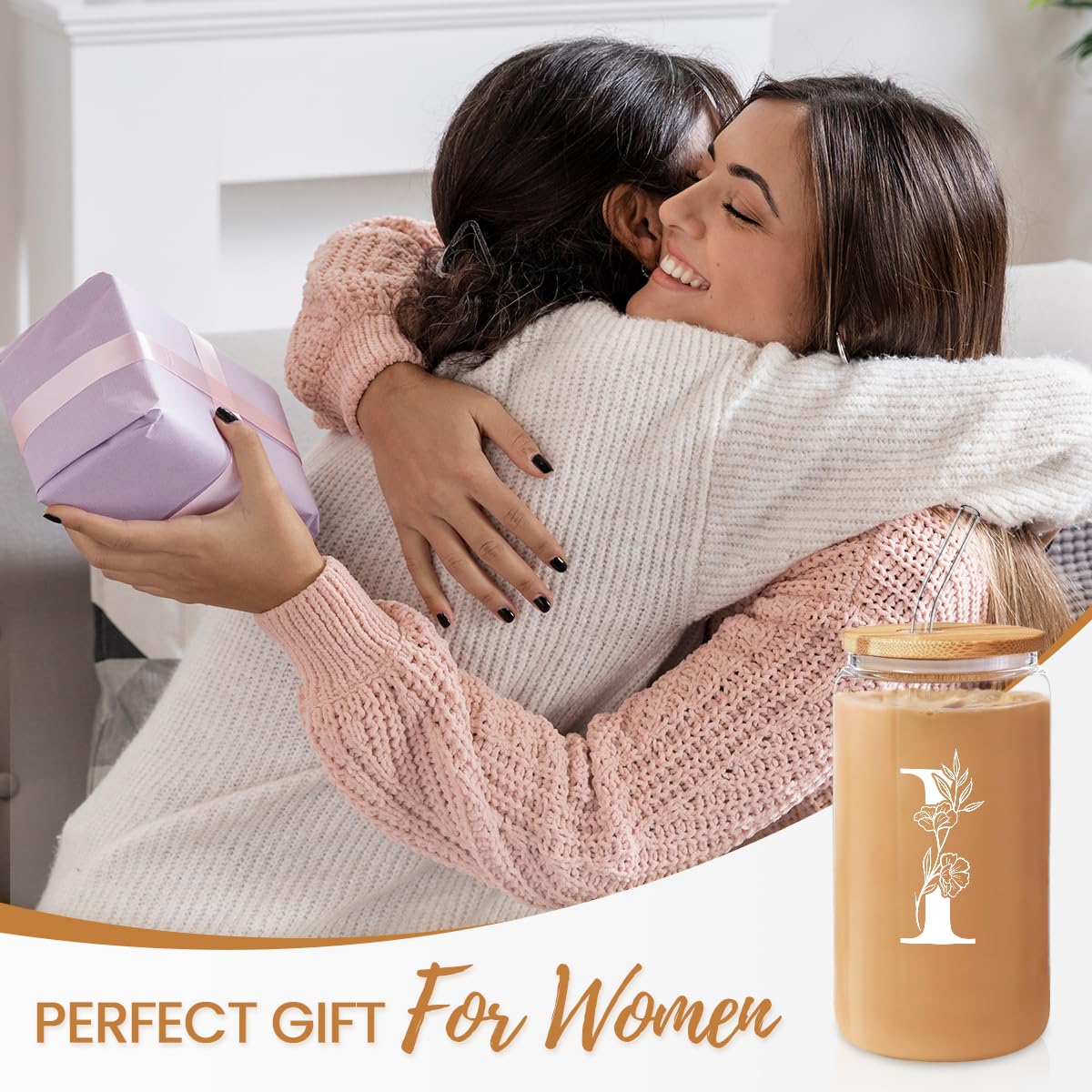 SANDJEST Monogrammed Gifts for Women - Monogram D Initial Glass Cup 16 Oz Can Coffee Cups with Lid and Straw - Monogram Initials Gifts for Womens on Birthday