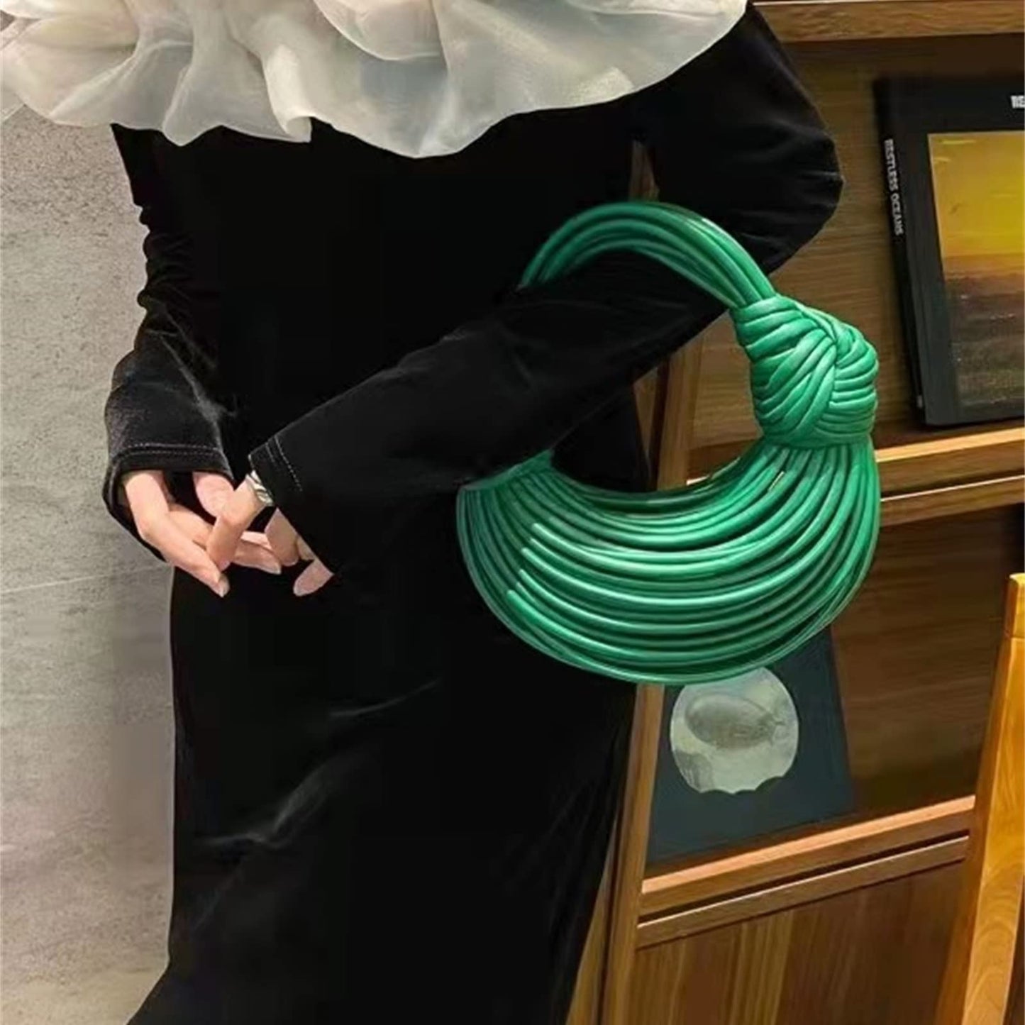 Woven Crossbody Bag for Women, Small Leather Clutch Purse Knotted Bread Handbag Top Handle Noodles Shoulder Bag.