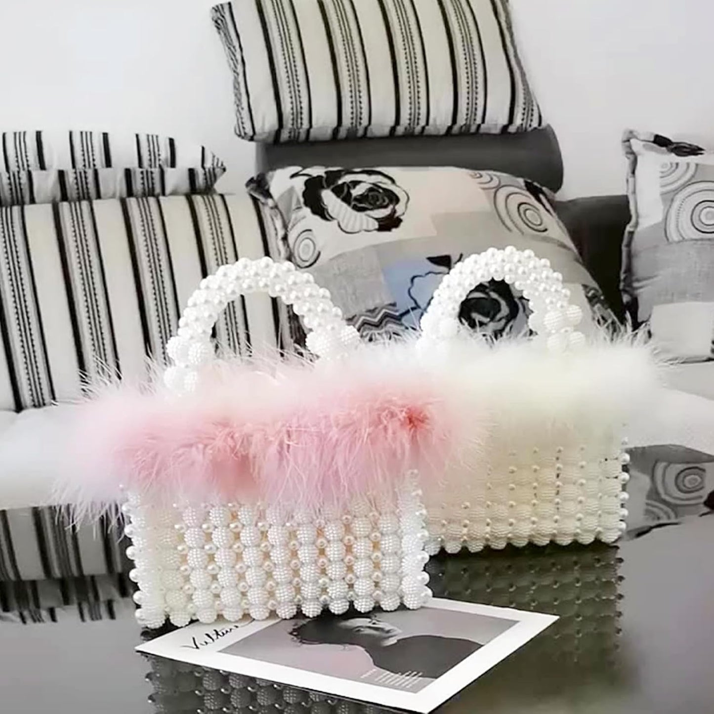 Women Pearl Purse,Evening Bags, Artificial Pearl Clutch, Square Pink Feather Handbags, White Purse for Party Wedding Travel