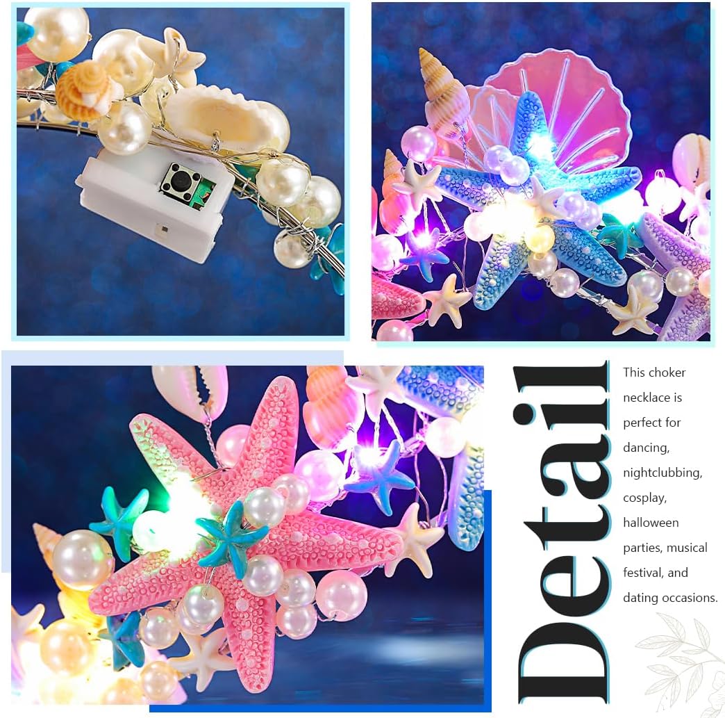 JEAIRTS Light Up Starfish Tiara and Crown Silver Led Beach Shell Mermaid Hair Accessories for Women