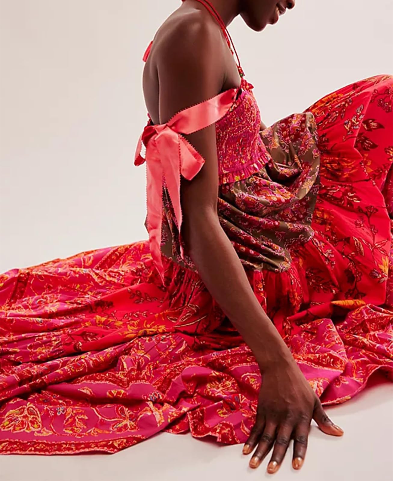 Women Summer Dresses Flowy Smocked Maxi Dress Sleeveless Tie Shoulder Boho Dresses Y2K Floral Beach Sundresses