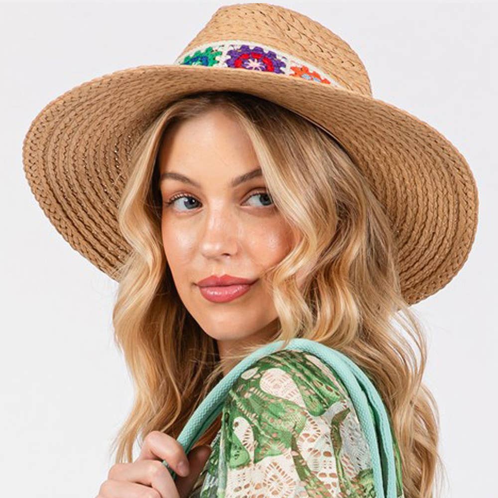 Sensibling Corp. - Floral Crochet Band Straw Hat
: White