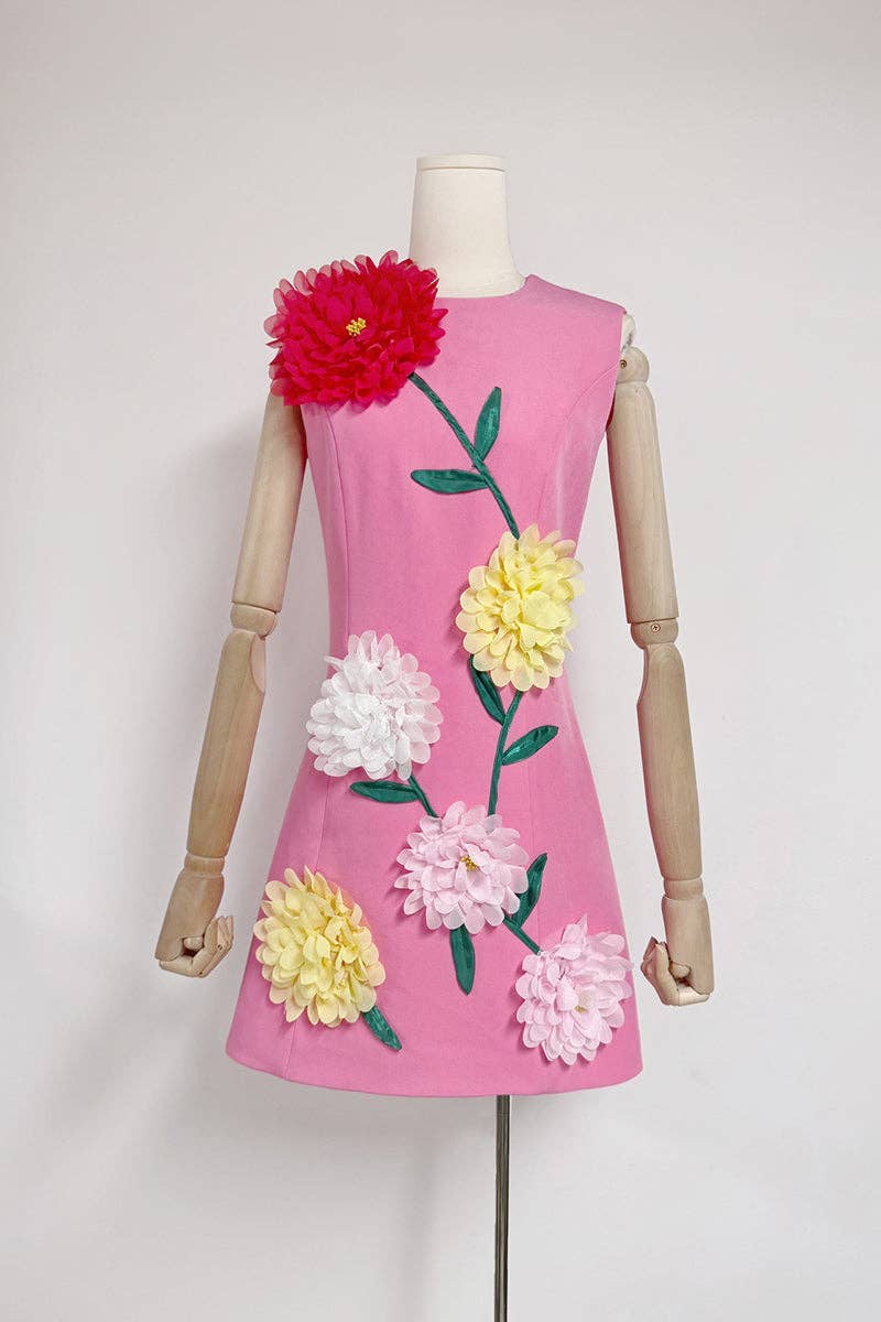 Mccolin - Floral Appliqué Vacation Dress: YELLOW / S