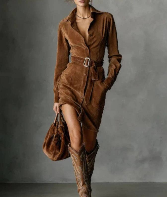 Suhkasana - Faux Suede Western Belted Mini Shirt Dress: Brown / S