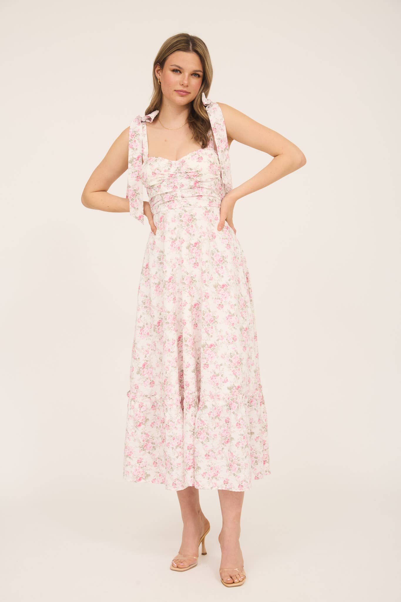 Blu Pepper - FLORAL TIE STRAP RUCHED DETAIL MAXI DRESS: PINK MULTI