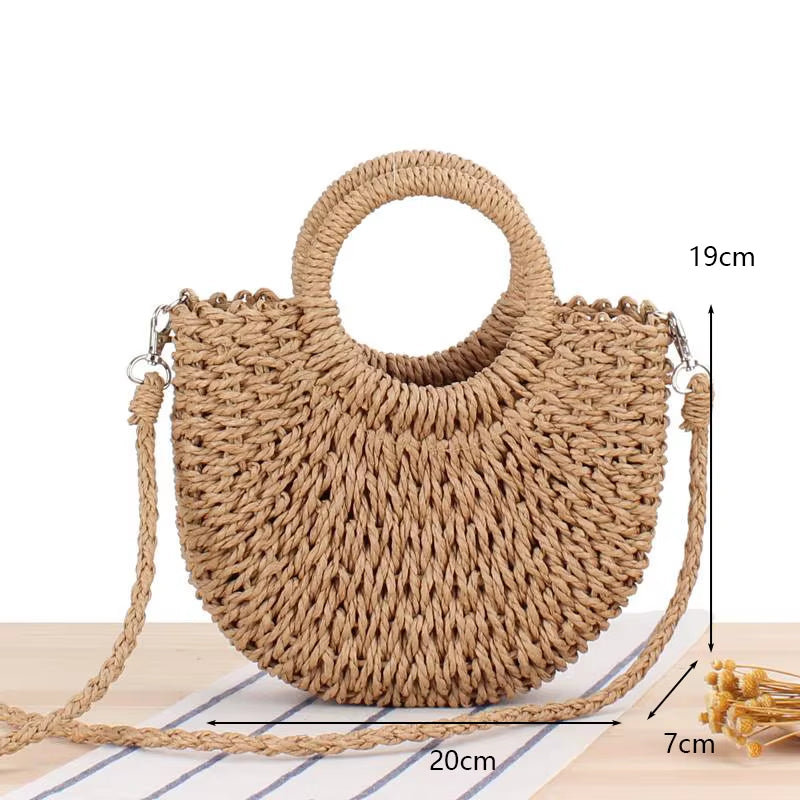 Woven Rattan Bag round Straw Shoulder Bag Small Beach Handbags Women Summer Hollow Handmade Messenger Crossbody Bags