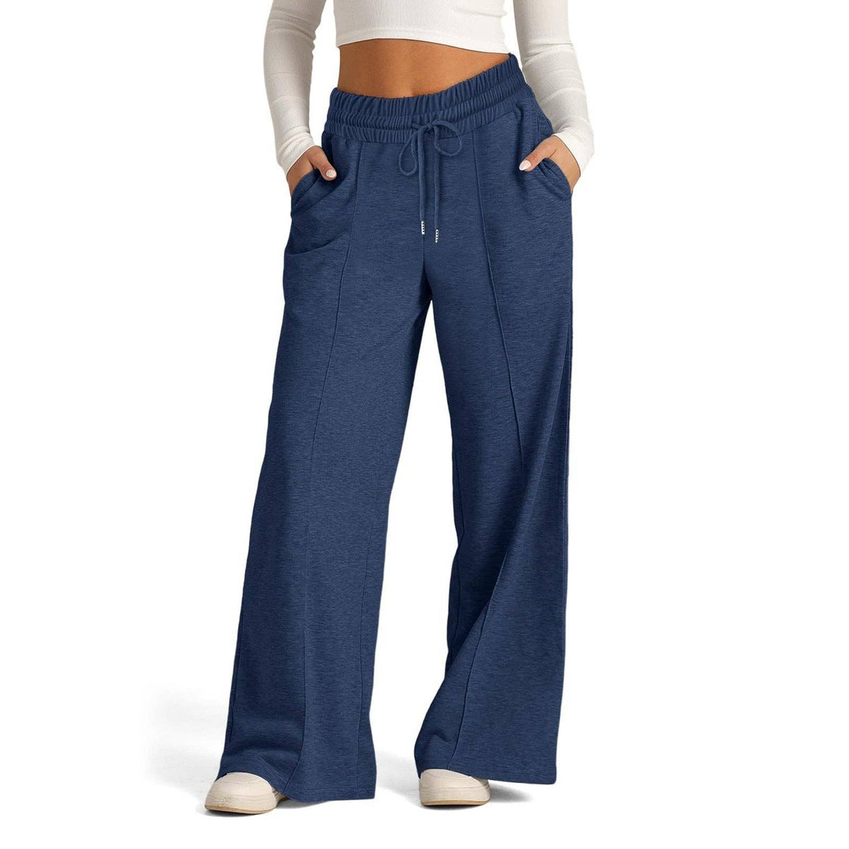 Suhkasana - Women's High Waisted Wide Leg Drawstring Casual Pants: Black / S