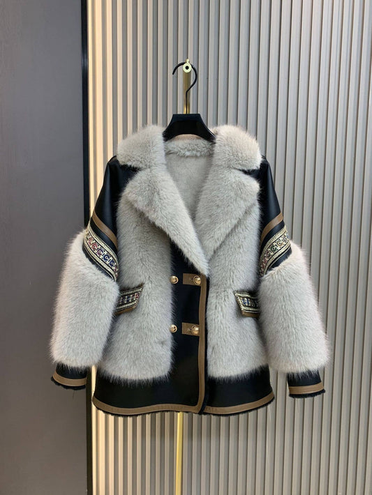 SY293 Chic Winter Embroidered Faux Fur Coat for Women