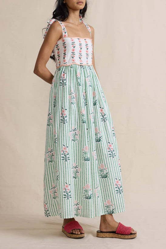 Rosa Clothing - 2025 Hanakotoba Floral flare swing dress w bow tie straps: Green / M