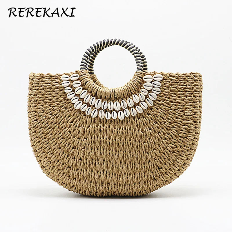 Women's Handbag Handmade Drawstring Straw Bag Summer Woven Shell Large Capacity Beach Bag Bohemia Female Knitted Top-Handle Tote