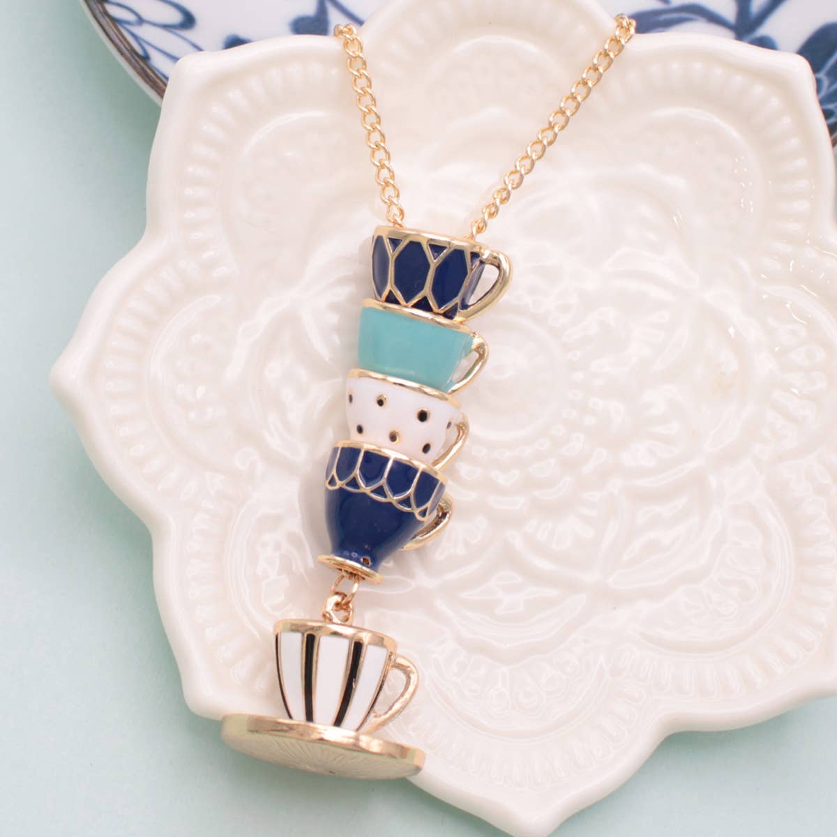 ZAD - Mad Hatter Blue Teacup Stack Gold Necklace
