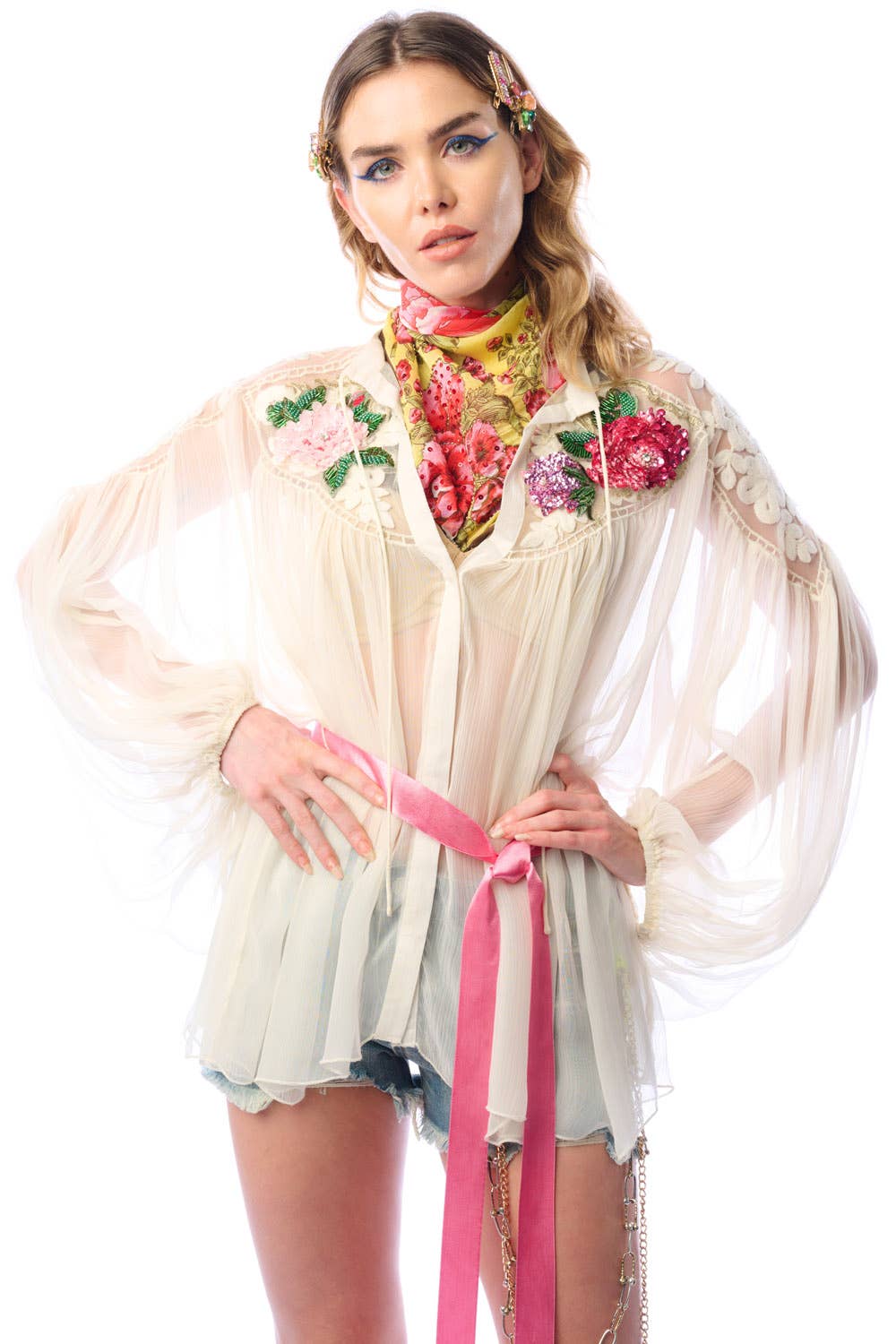 Aratta - Amora Chiffon Hand - Embellished Blouse / Top : Ivory / M